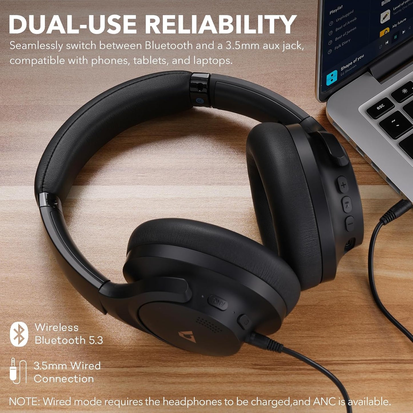 Y8 Active Noise Cancelling Headphones, Wireless Headphones over Ear Bluetooth 5.3, LDAC Hi-Res Audio,75H Playtime with Transparent Mode for Work/Travel/Home/Office-Black