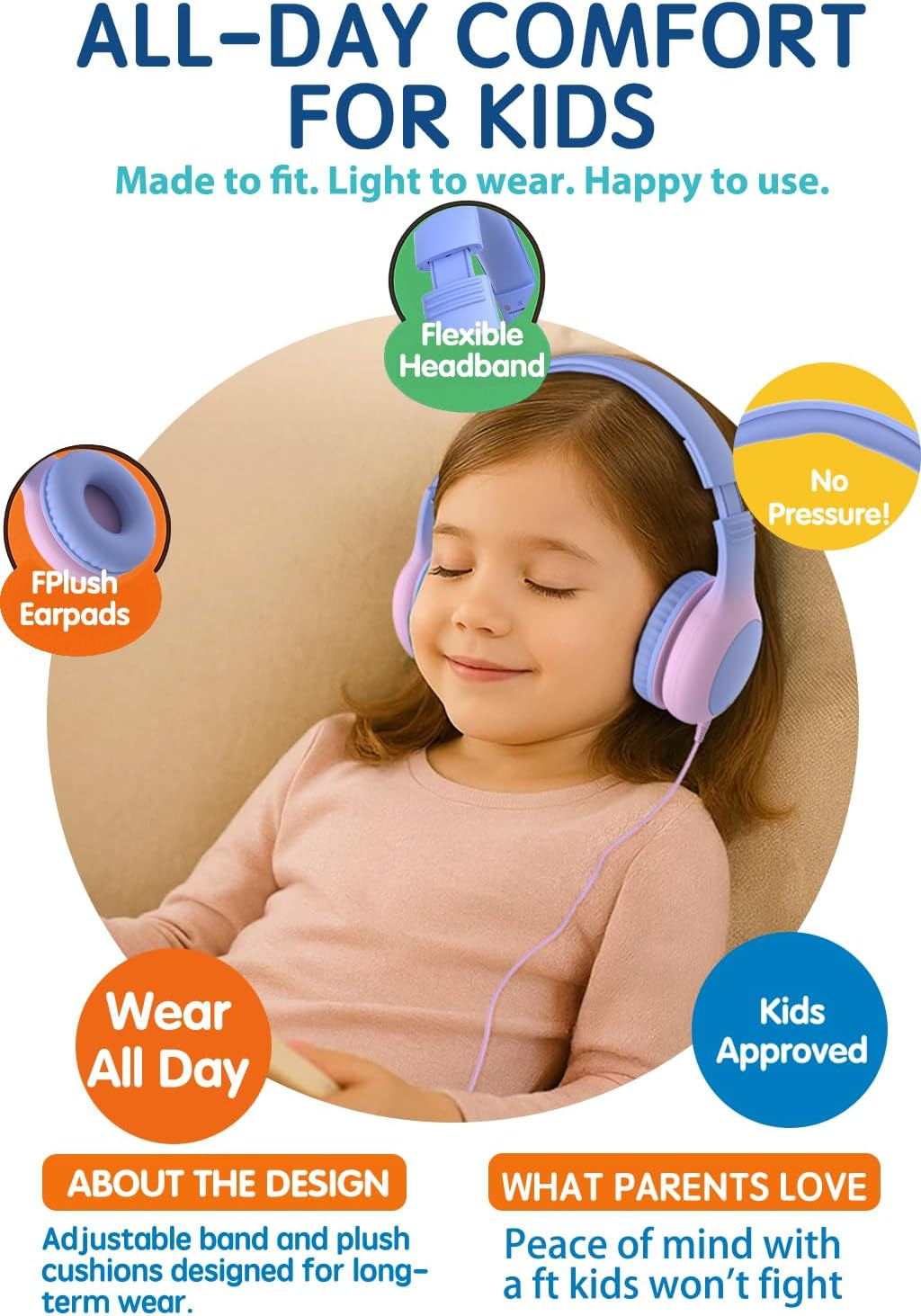 Wired Kids Headphones with USB C Plug, 85Db Volume Limiting Safe Hearing Protection, Adjustable Headband, Tangle-Free Cord Headphones for School, Tablet, Travel(Gradient Purple)