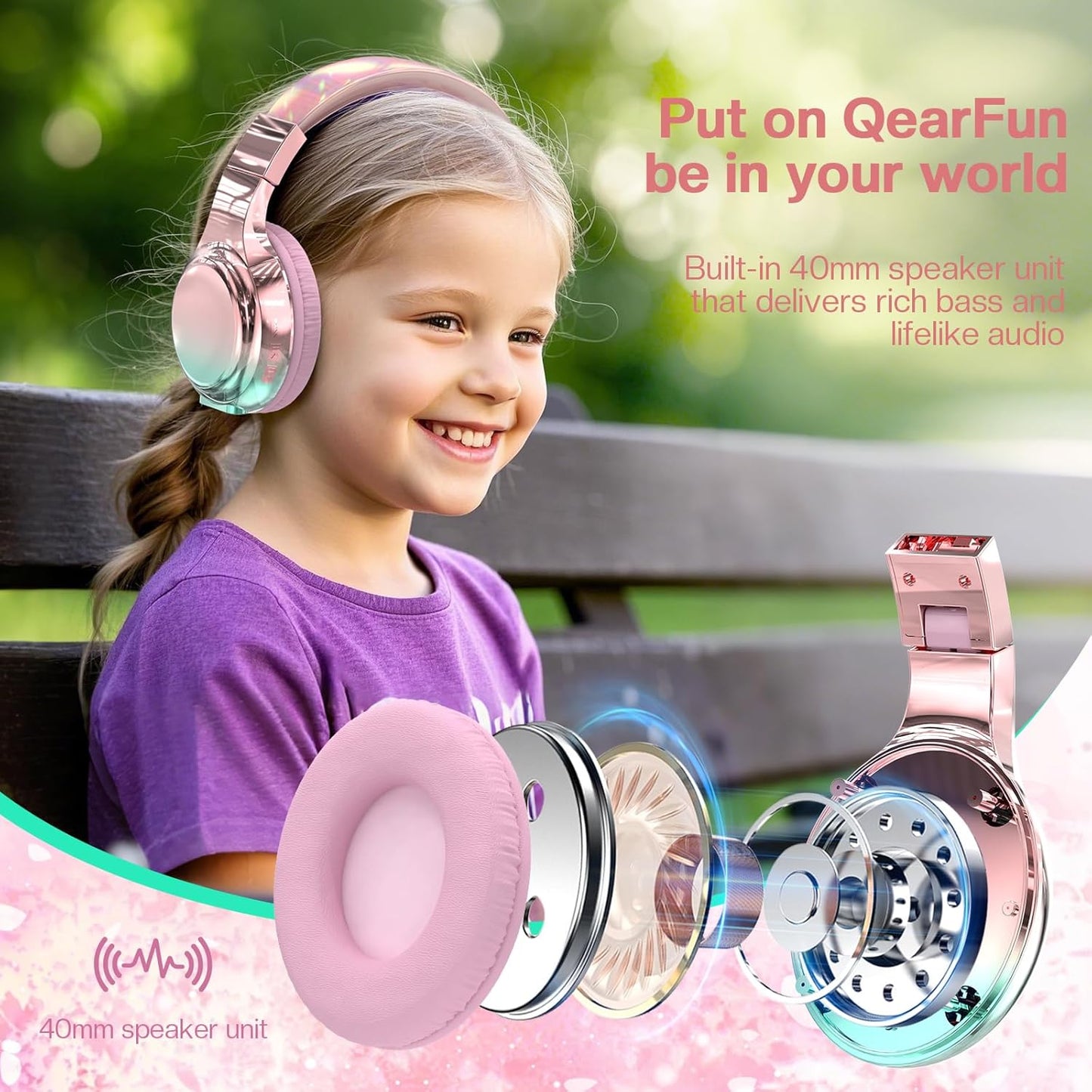 Kids Bluetooth 5.3 Headphones, Wireless Metallic Gradient Headset, Lightweight Foldable on Ear Headphones with Aux Cord, Fast Charging, Built-In Mic, for School/Travel/Tablet/Ipad