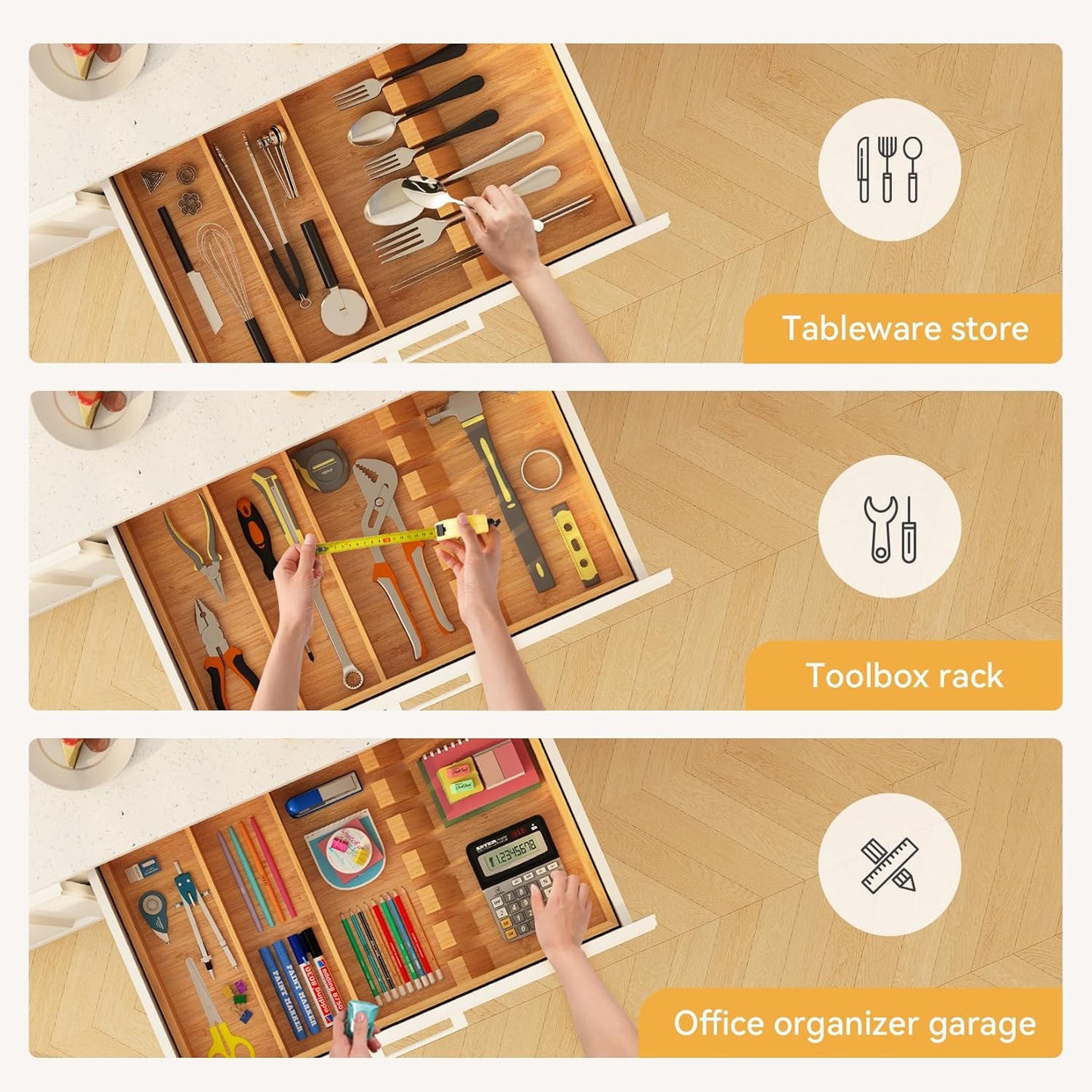 Pure Bamboo Silverware Drawer Organizer: 16.53" Lx10 Wx1.93 H Large Silverware Utensil Tray Holder, 3-Compartment with 6 Card Slots Kitchen Flatware Organizer for Spoons Forks Knives