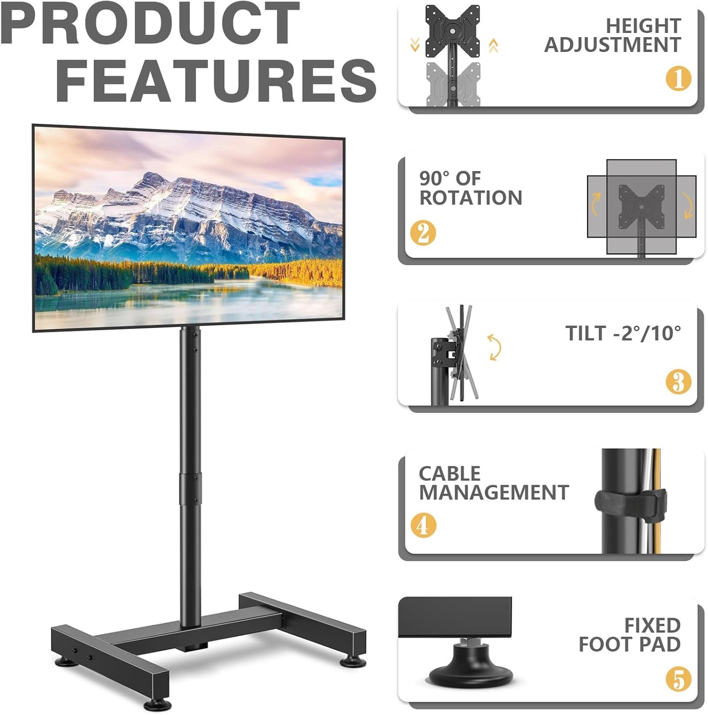 TV Floor Stand for 13-50 Inch LCD LED Flat/Curved Panel Screen Tvs up to 44 Lbs, Height Adjustable TV Stand Mount with VESA 200X200, Portable TV Stand for Bedroom, Dorm Room, Office