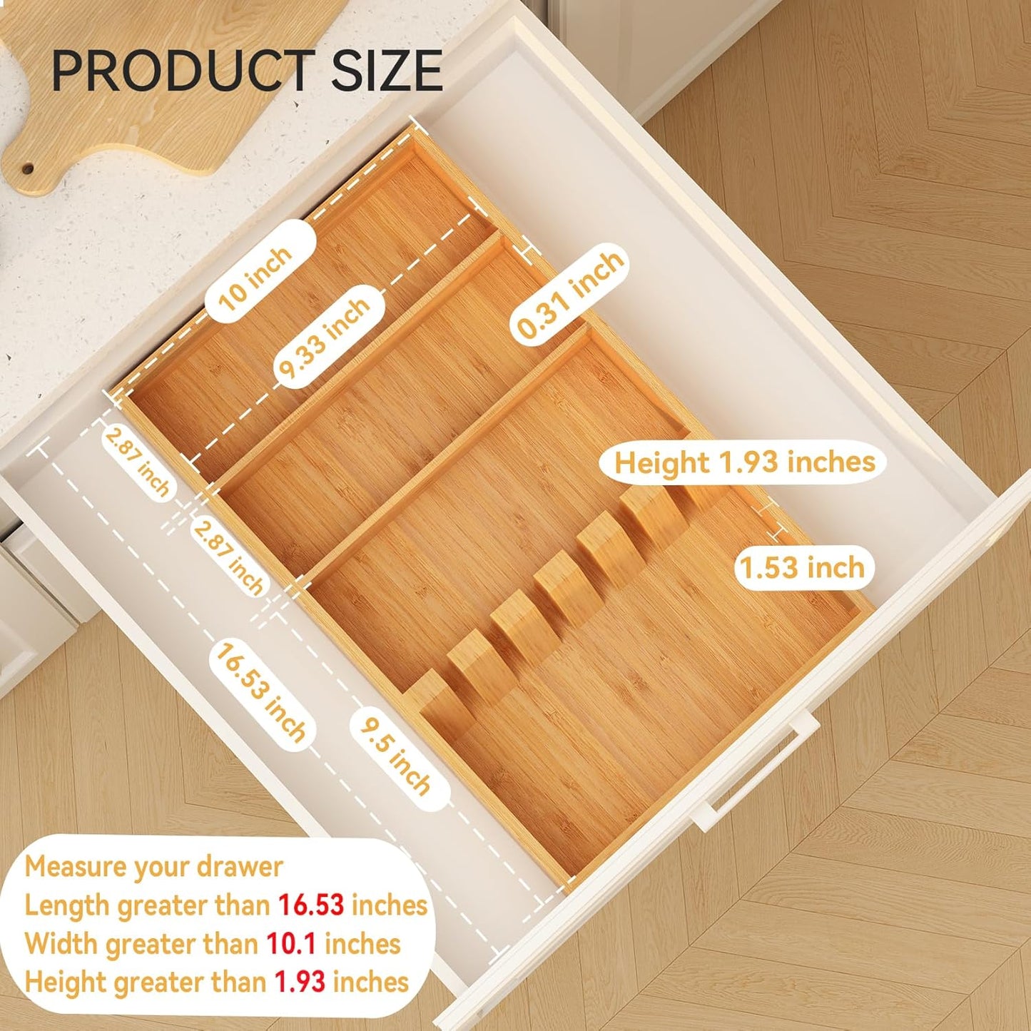 Pure Bamboo Silverware Drawer Organizer: 16.53" Lx10 Wx1.93 H Large Silverware Utensil Tray Holder, 3-Compartment with 6 Card Slots Kitchen Flatware Organizer for Spoons Forks Knives