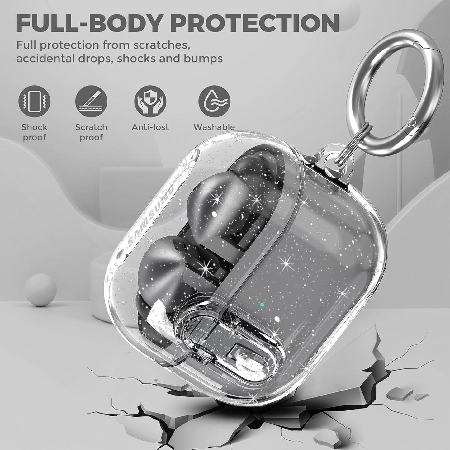 Compatible with Samsung Galaxy Bud 3 Pro Case/Buds3 Case Cover Clear Lock Clip with Cleaner Kit, Bling Transparent TPU Galaxy Buds Pro 3 Protective Cover Men Women with Carabiner, Glitter Clear
