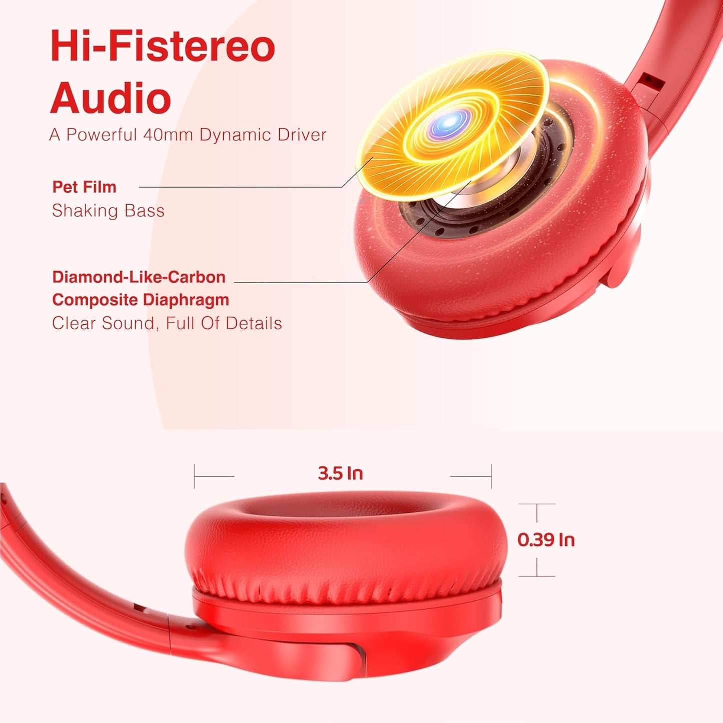 Wired Headphones Over-Ear Hi-Fi Sound with Microphone Adjustable Foldable, 1.5M Cord & 3.5Mm Jack, Lightweight Headset for Kids Adults PC Ipad Laptop Red