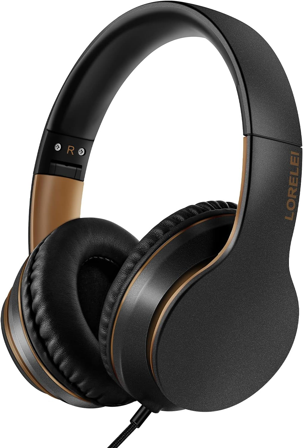 X6 Over-Ear Headphones with Microphone, Lightweight Foldable & Portable Stereo Bass with 1.45M No-Tangle Wired for Smartphone Tablet MP3/4 (Black-Gold)