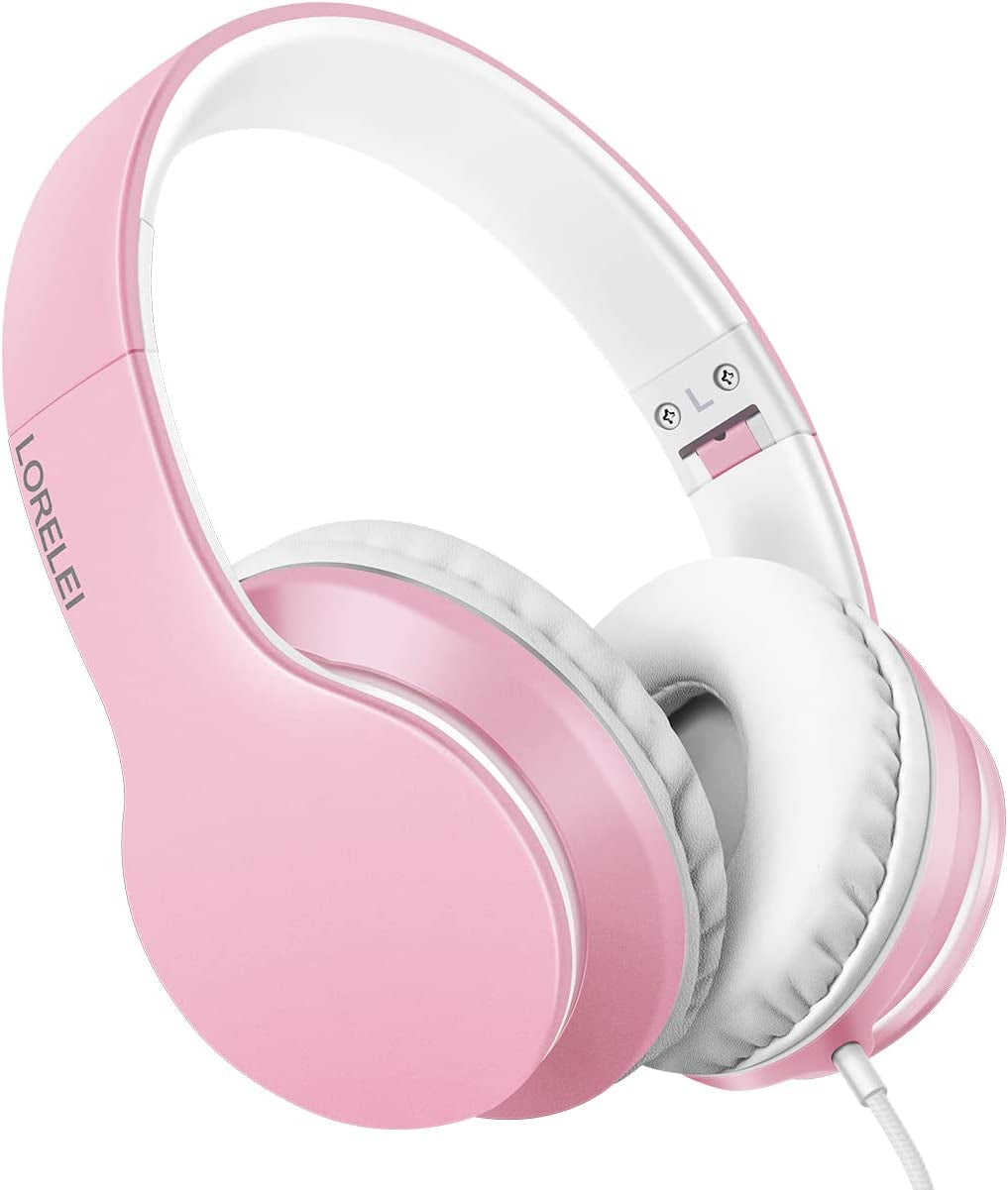 X6 Over-Ear Headphones with Microphone, Lightweight Foldable & Portable Stereo Bass Headphones with 1.45M No-Tangle, Wired Headphones for Smartphone Tablet MP3 / 4 (Pearl Pink)