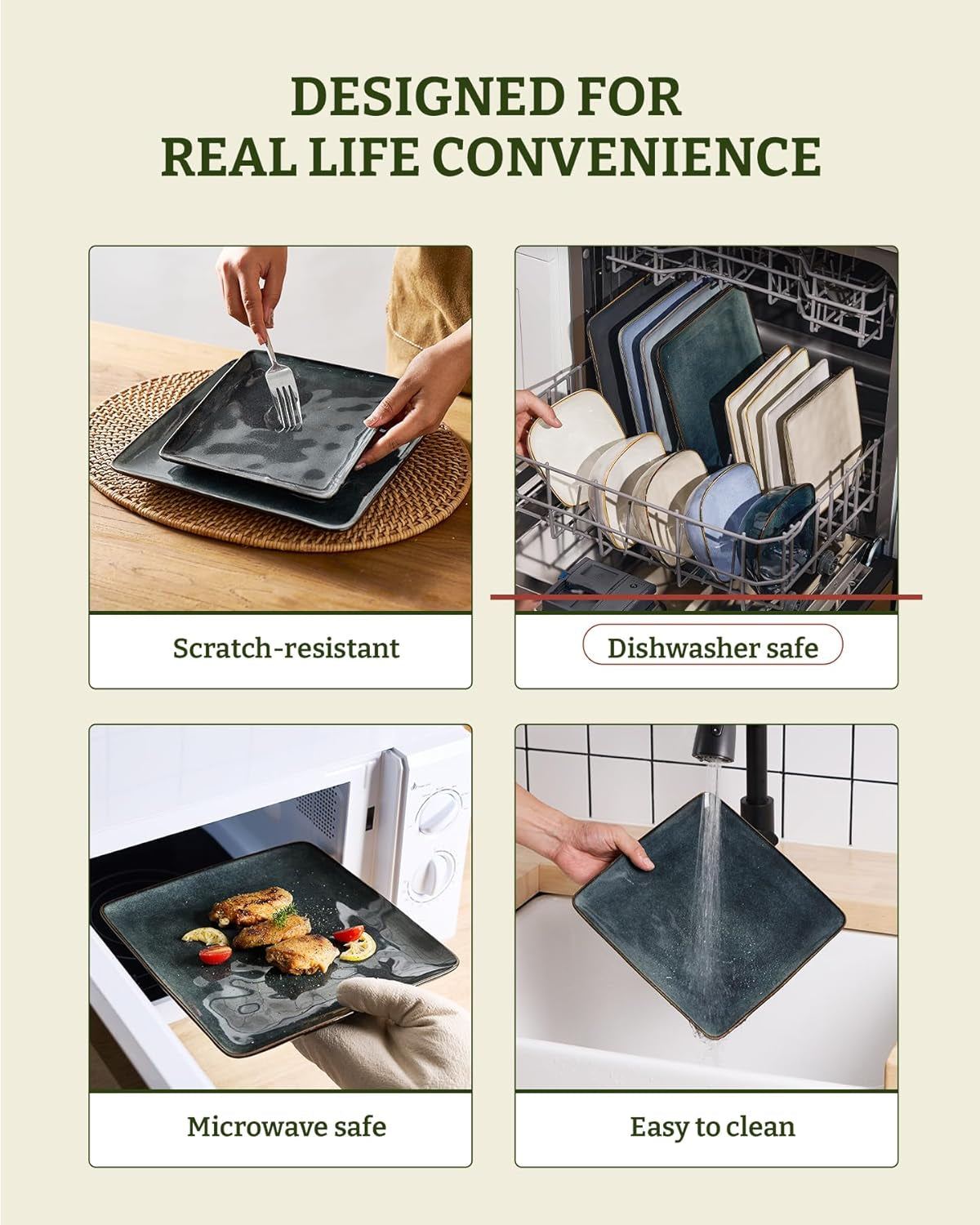 Dinnerware Sets for 4, Ocean Square 12-Piece Kitchen Plates and Bowls Sets, Reactive Glaze, Microwave and Dishwasher Safe, Scratch Resistant, Deep Forest