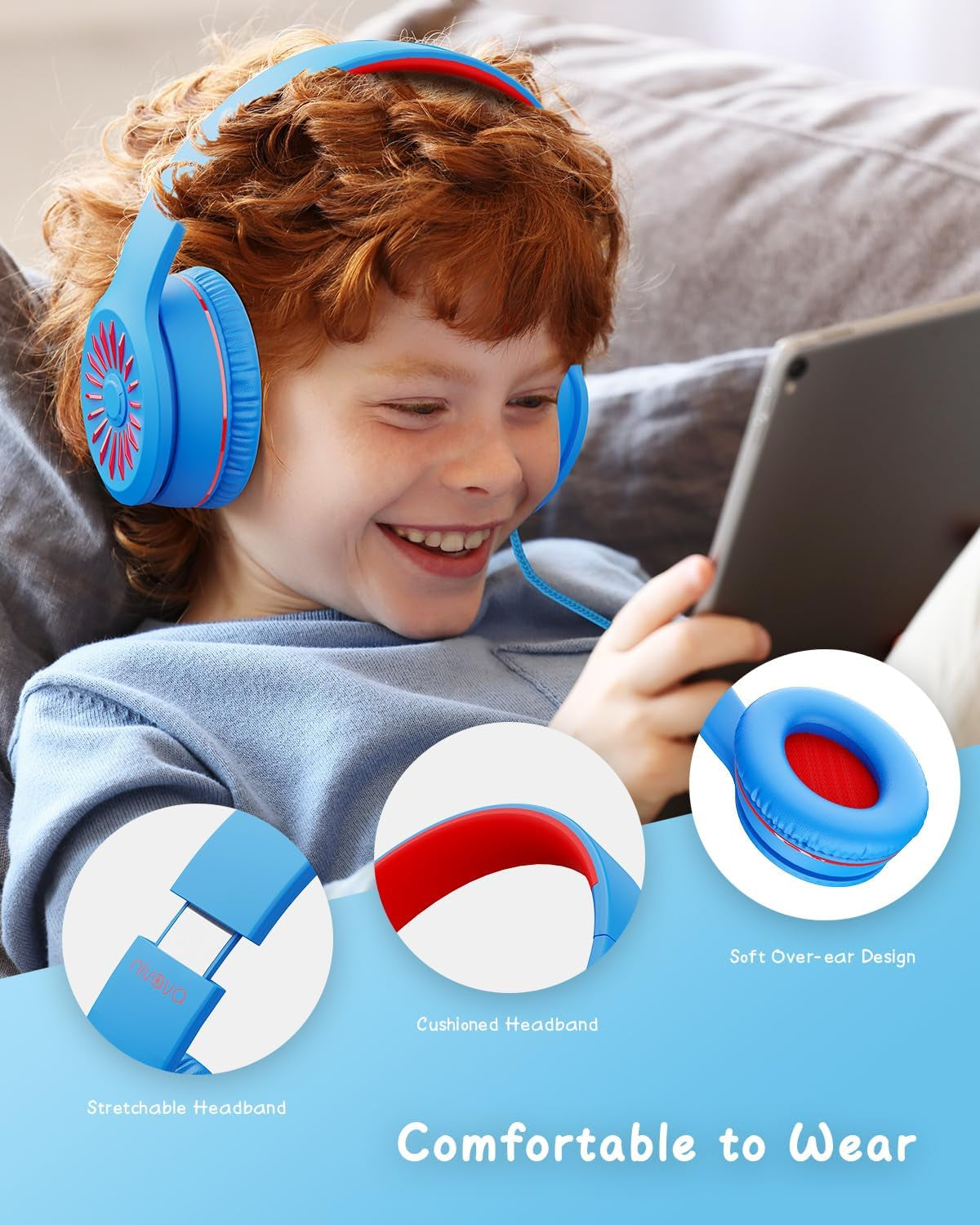 Wired Headphones with Microphone, K16 On-Ear Headphones for Kids with 3.5MM Jack, Foldable Stereo Bass Headphones for Teens School Amazon Kindle, Fire, Chromebook, Tablet(Light Blue Red)