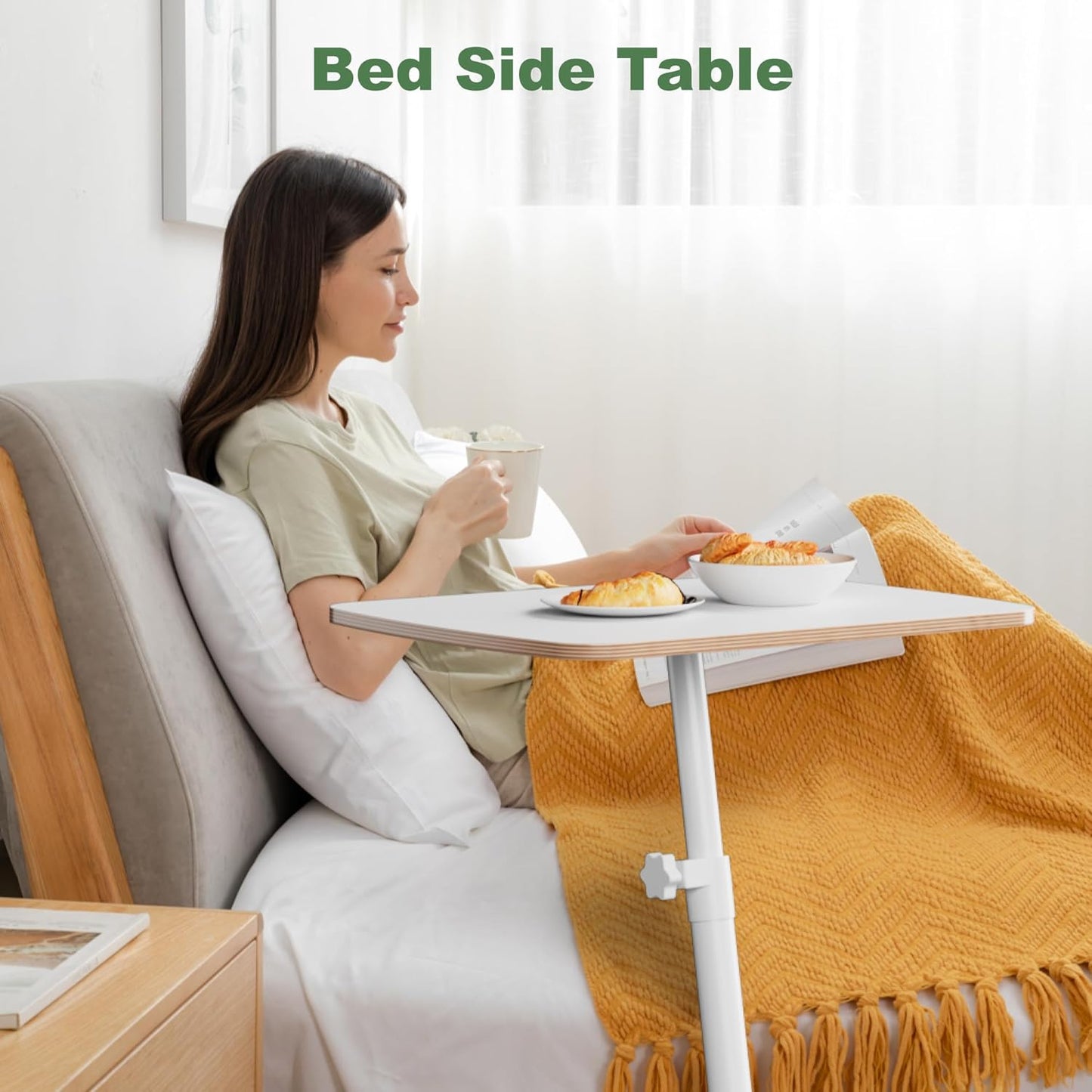 Height Adjustable End Table - Small Couch Side Table for Small Spaces Modern C Shaped Bedside End Table That Slide Under, White Wood Laptop TV Tray Table with Metal Base, Living Room Bathroom Home Use