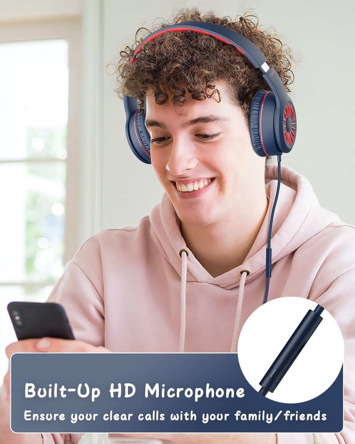 Wired Headphones with Microphone, K16 On-Ear Headphones for Kids with 3.5MM Jack, Foldable Stereo Bass Headphones for Teens School Amazon Kindle, Fire, Chromebook, Tablet(Dark Blue Red)