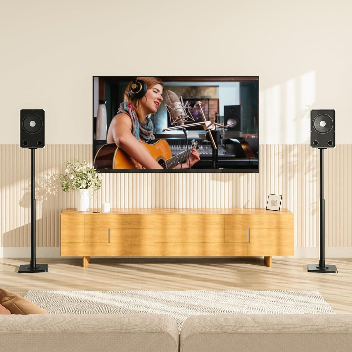 Black Alloy Steel Speaker Stands, Height Adjustable Bookshelf Speaker Stand Pair, Universal Fit, 11 Lbs Capacity, Set of 2 for Bose Polk JBL Sony Yamaha - 42" Max Height