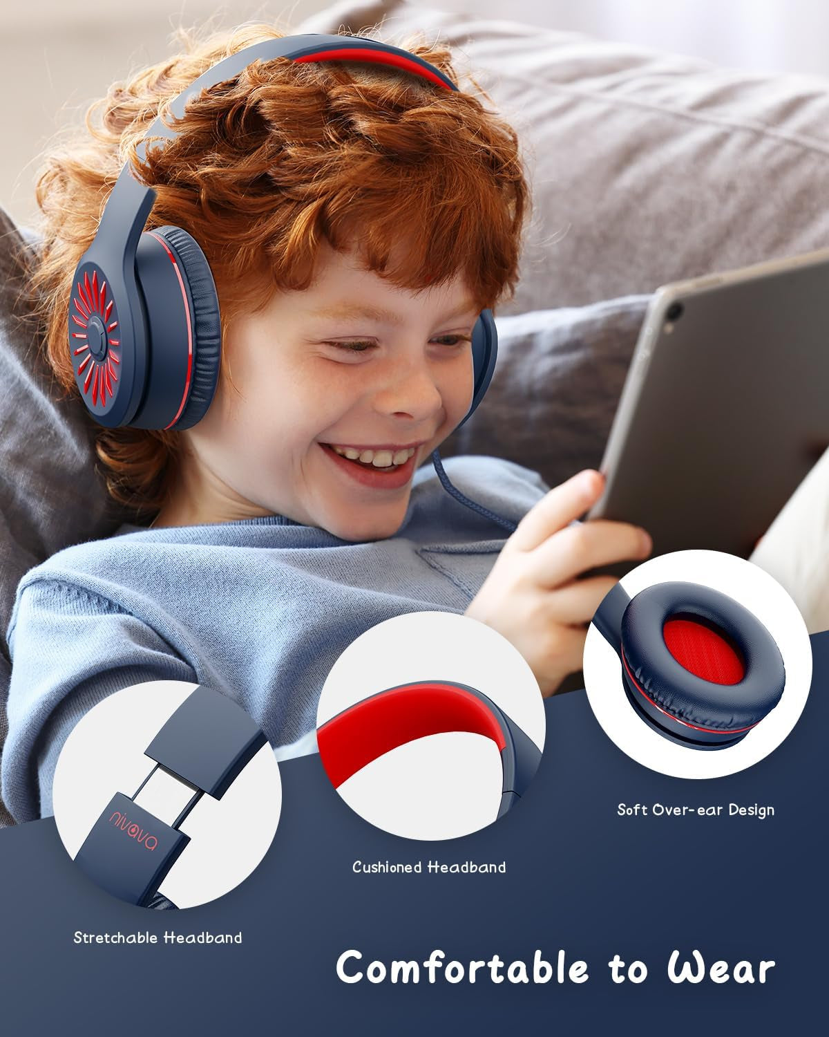 Wired Headphones with Microphone, K16 On-Ear Headphones for Kids with 3.5MM Jack, Foldable Stereo Bass Headphones for Teens School Amazon Kindle, Fire, Chromebook, Tablet(Dark Blue Red)