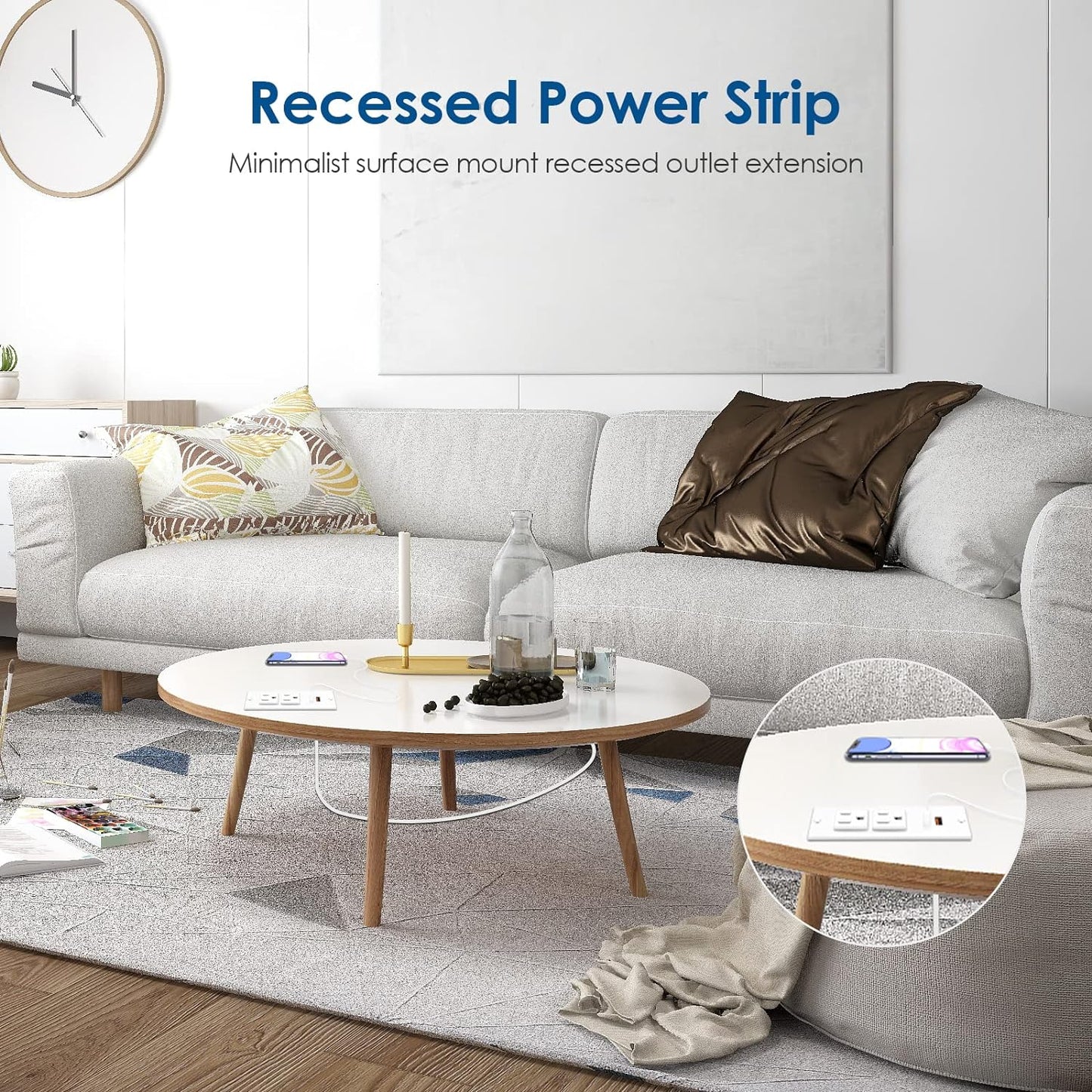 Conference Recessed Power Strip USB C Fast Charging,Furniture Recessed Outlet,Table Power Strip,Flush Mount for Side Table (White, 20W USB-C Port)