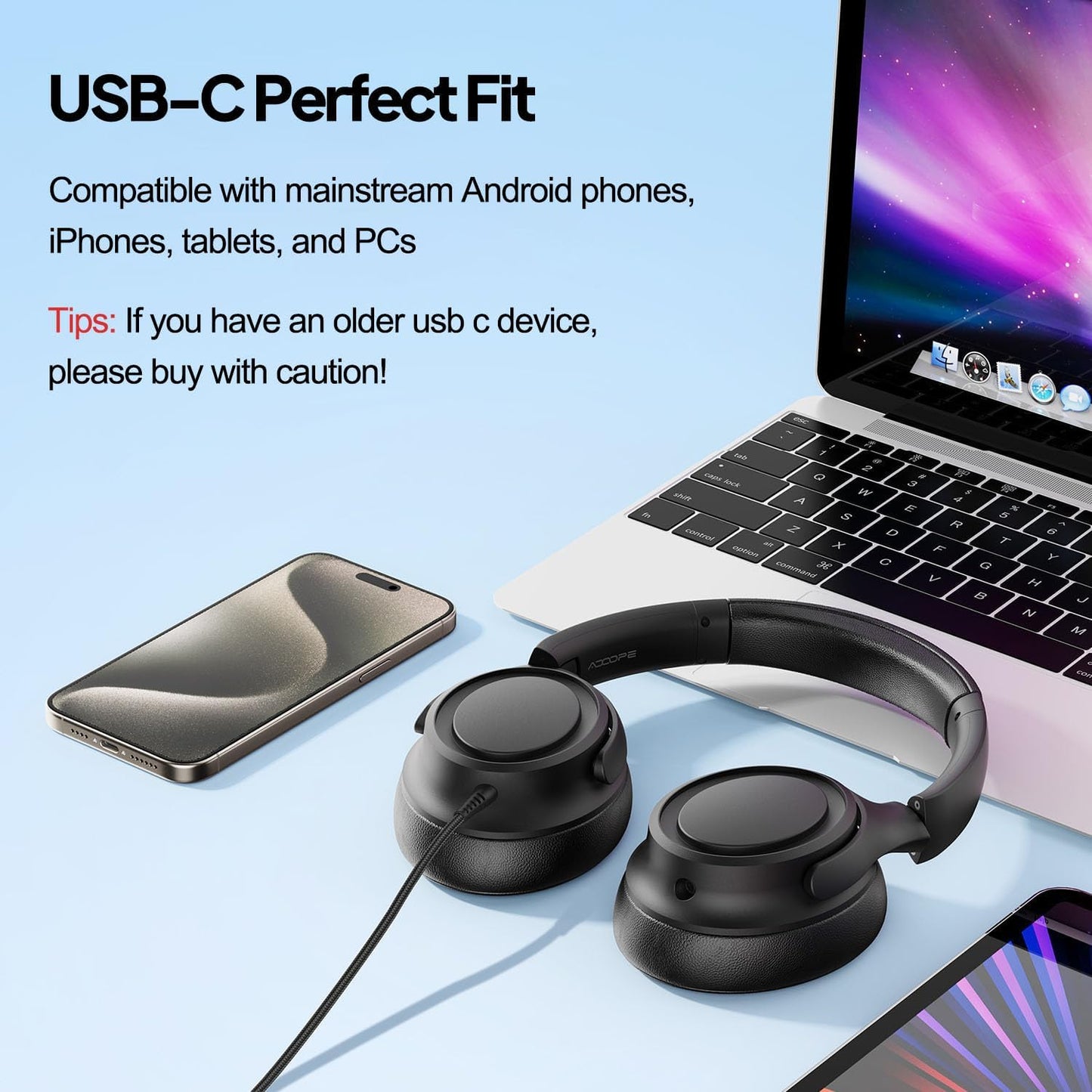 Wired Over-Ear Headphones with USB C Connector, Hi-Fi Stereo Sound, Noise-Isolating Ear Cups, Comfortable Fit for USB C Devices (No Bag, Black)