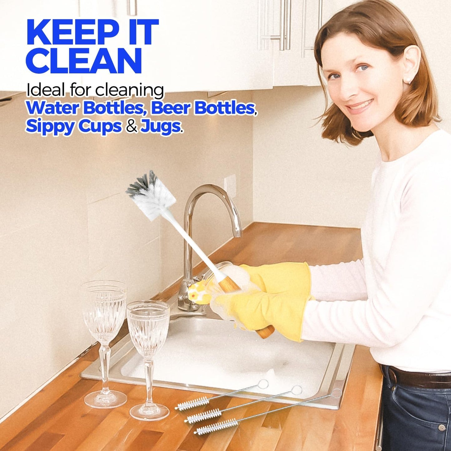 5 Pack Bottle Brush Cleaner Set, 14" Bamboo Handle Bottle Cleaner Brush, 3 Straw Brushes, Bottle Cleaning Brush for Water Bottle, Cups, Baby Bottle, Straws Grey White