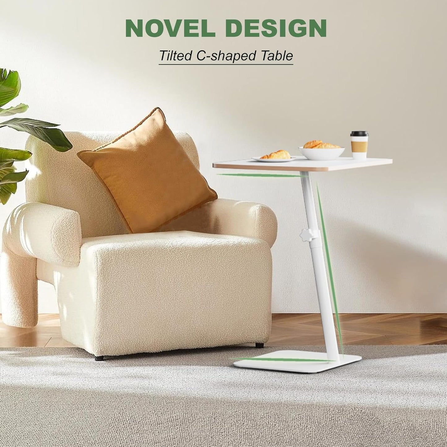Height Adjustable End Table - Small Couch Side Table for Small Spaces Modern C Shaped Bedside End Table That Slide Under, White Wood Laptop TV Tray Table with Metal Base, Living Room Bathroom Home Use