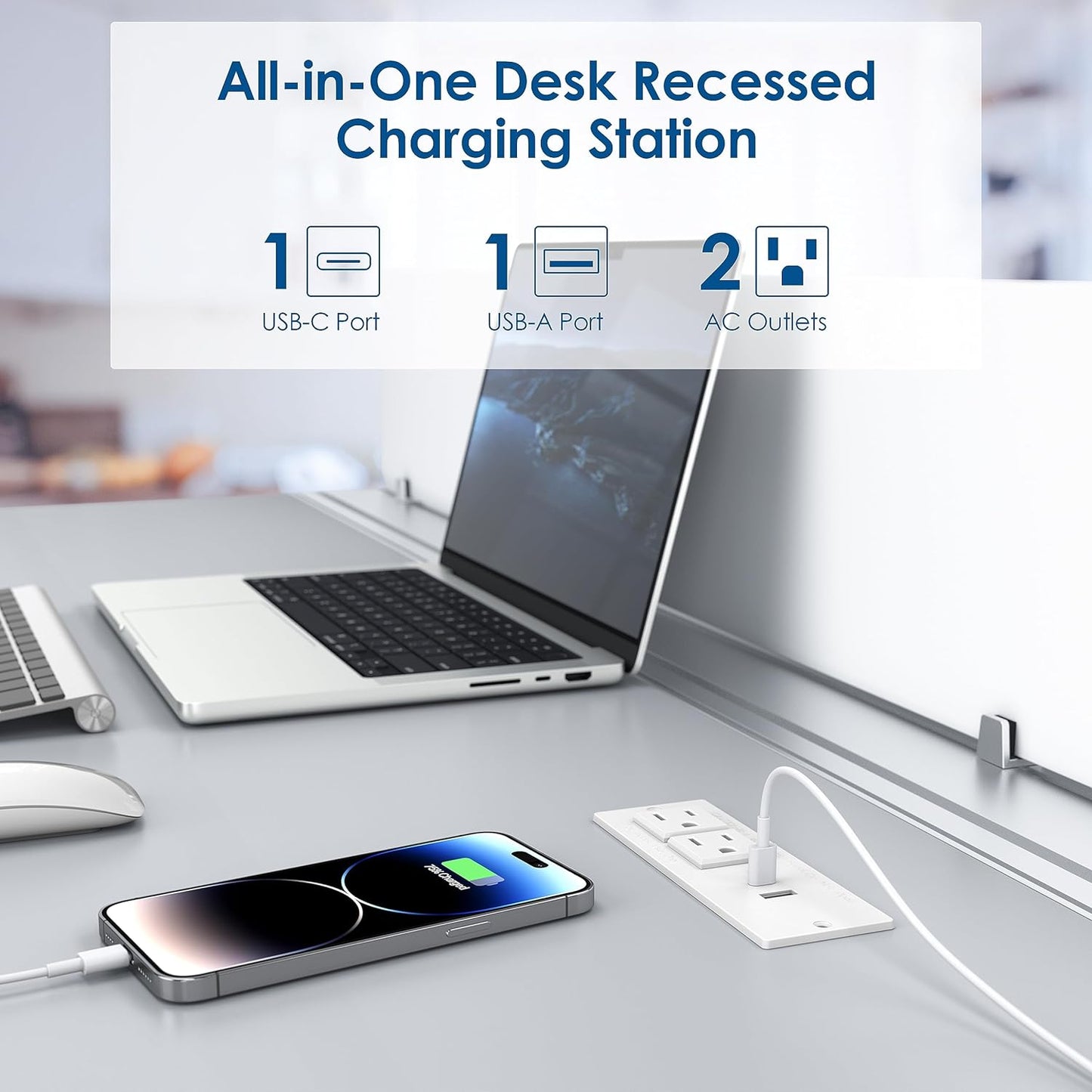 Conference Recessed Power Strip USB C Fast Charging,Furniture Recessed Outlet,Table Power Strip,Flush Mount for Side Table (White, 20W USB-C Port)