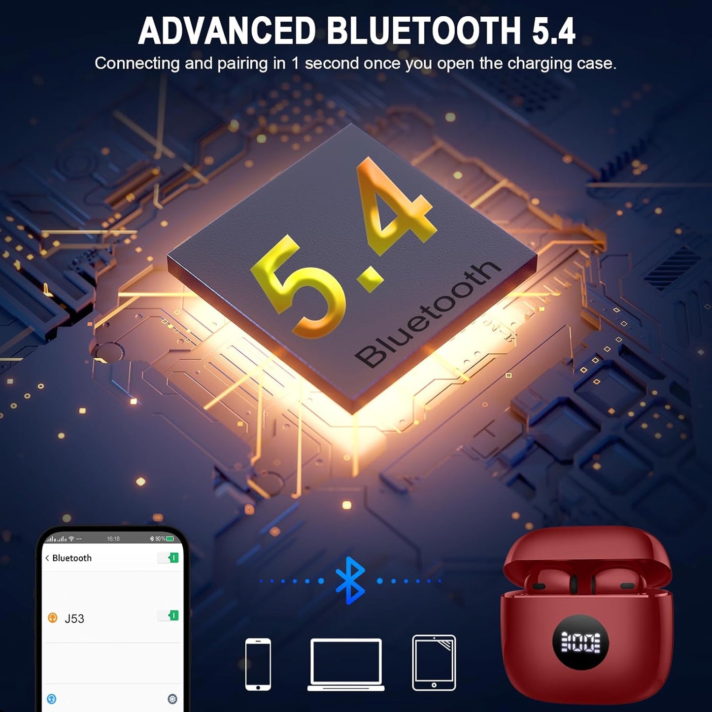 Wireless Earbuds, Bluetooth Headphones LED Power Display Ear Buds Bass Stereo, Bluetooth Earbuds In-Ear Noise Cancelling Mic, Playback Mini Case IP7 Waterproof Sports Earphones for Android Ios