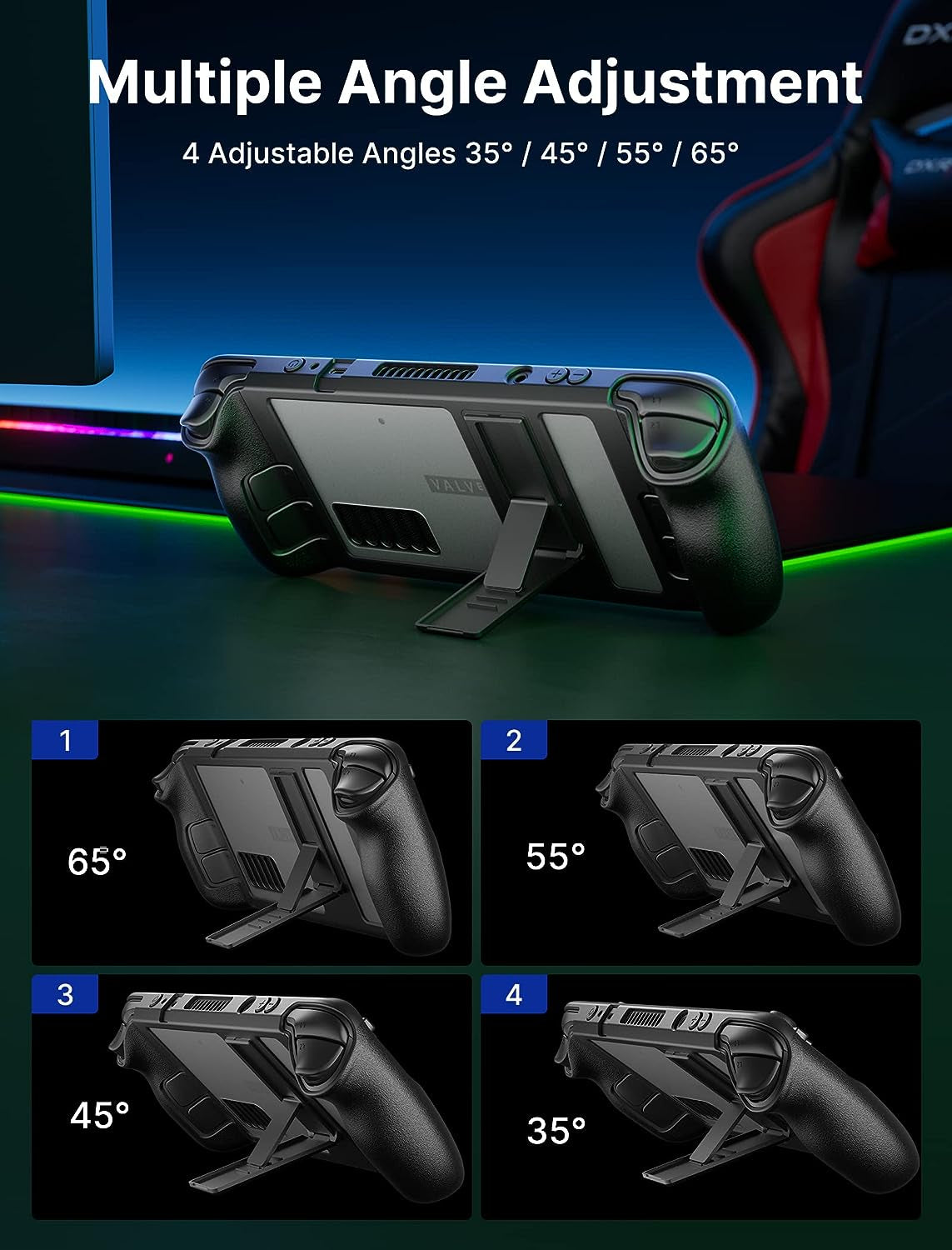 Kickstand Case Compatible with Steam Deck/Oled, PC0105 Upgrade the Adjustable Angle Stand Steam Deck Cover TPU Protective Case, Shock-Absorption, Non-Slip and Anti-Scratch Design