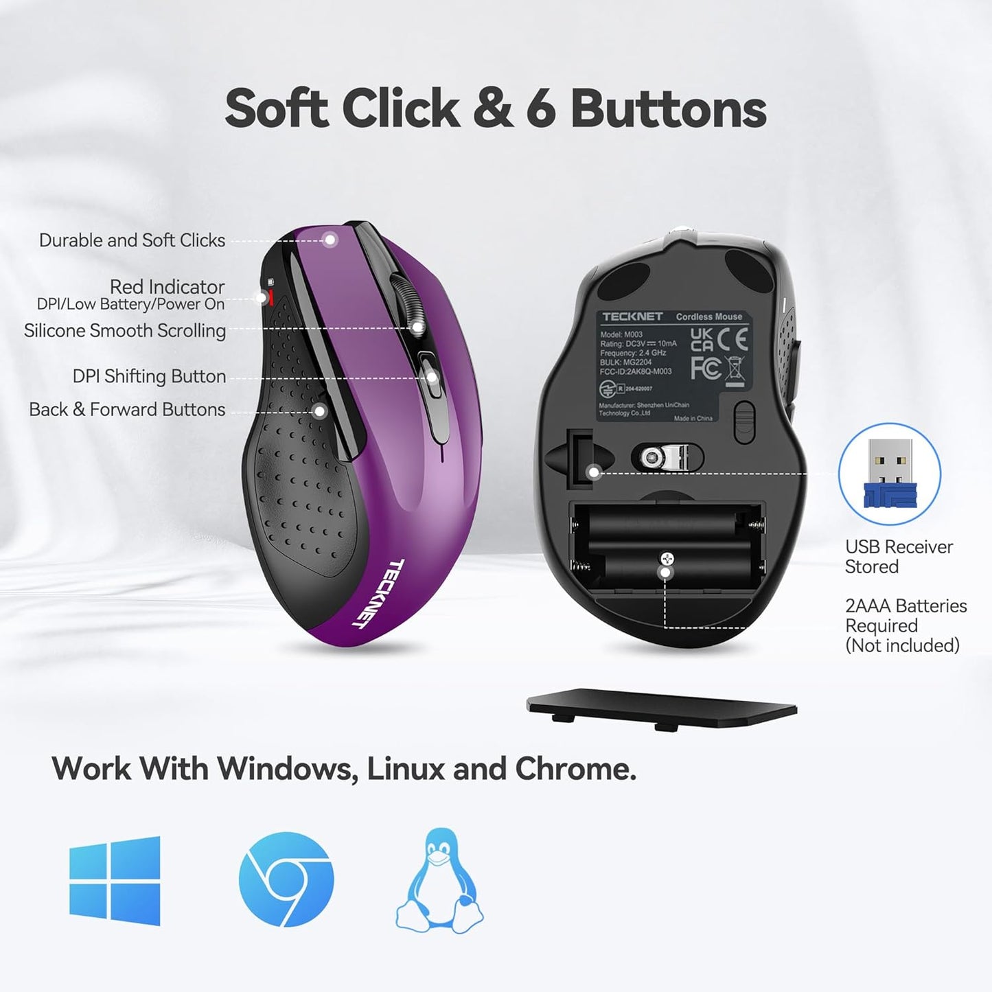 Wireless Mouse for Laptop, Silent Mouse Quiet Click, Computer Mouse Wireless, 6 Adjustable 4000 DPI Computer Mice - Purple