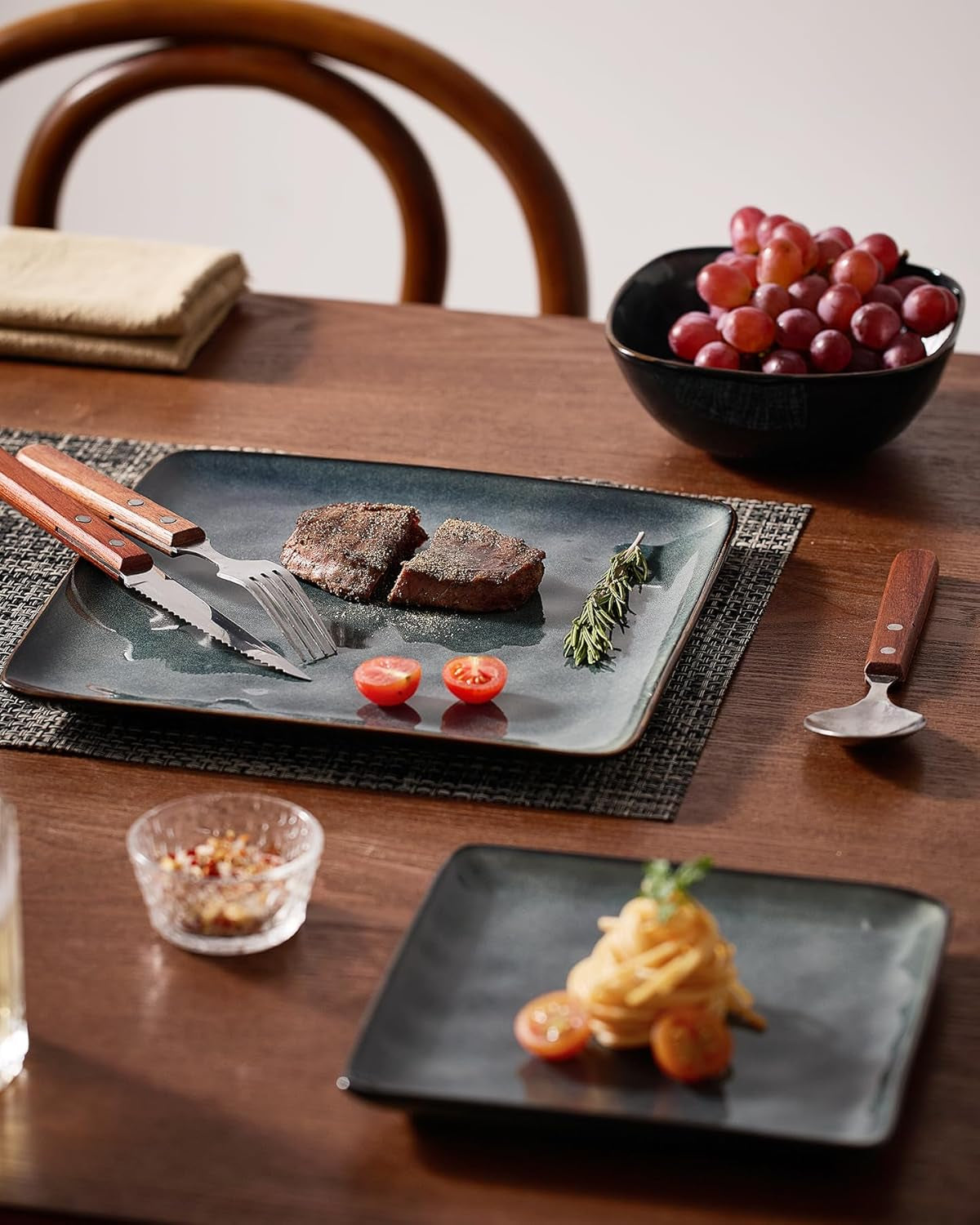 Dinnerware Sets for 4, Ocean Square 12-Piece Kitchen Plates and Bowls Sets, Reactive Glaze, Microwave and Dishwasher Safe, Scratch Resistant, Deep Forest