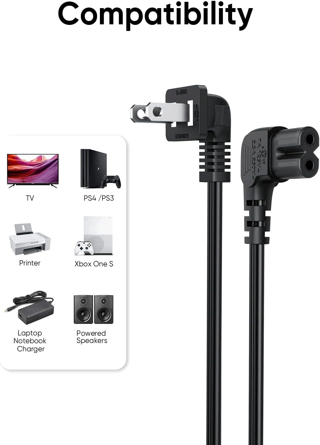 10 Feet 18 AWG Angled 2-Slot Non-Polarized Angle Power Cord for Samsung TV LG TCL Replacement (IEC320 C7 to Nema 1-15P), 3M