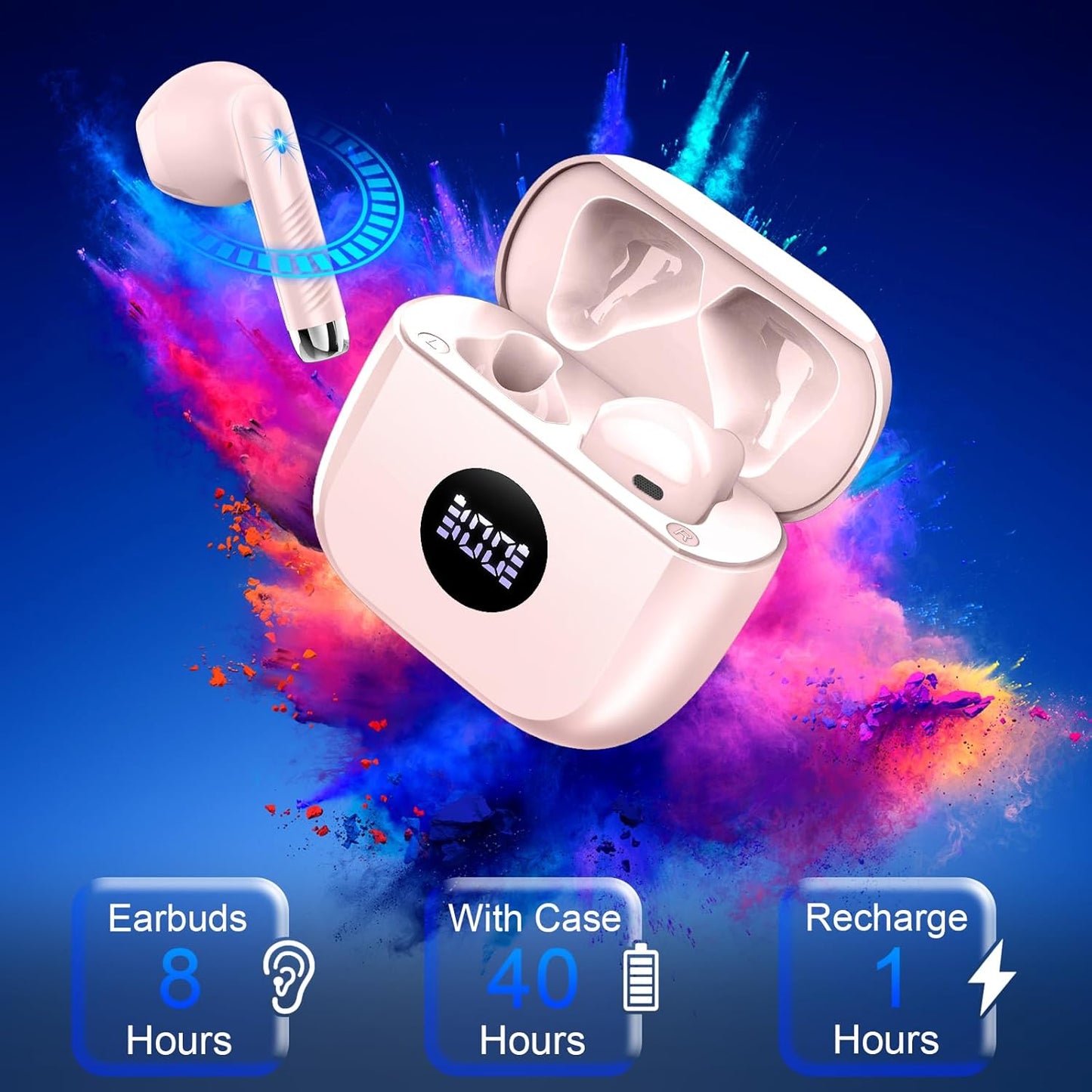 Wireless Earbuds, Bluetooth 5.4 Headphones Hifi Stereo, in Ear Earphones with 4 ENC Noise Cancelling Mics, 40H Playback Ear Buds with Mini Case LED Display, IP7 Waterproof Headset with USB C Charging
