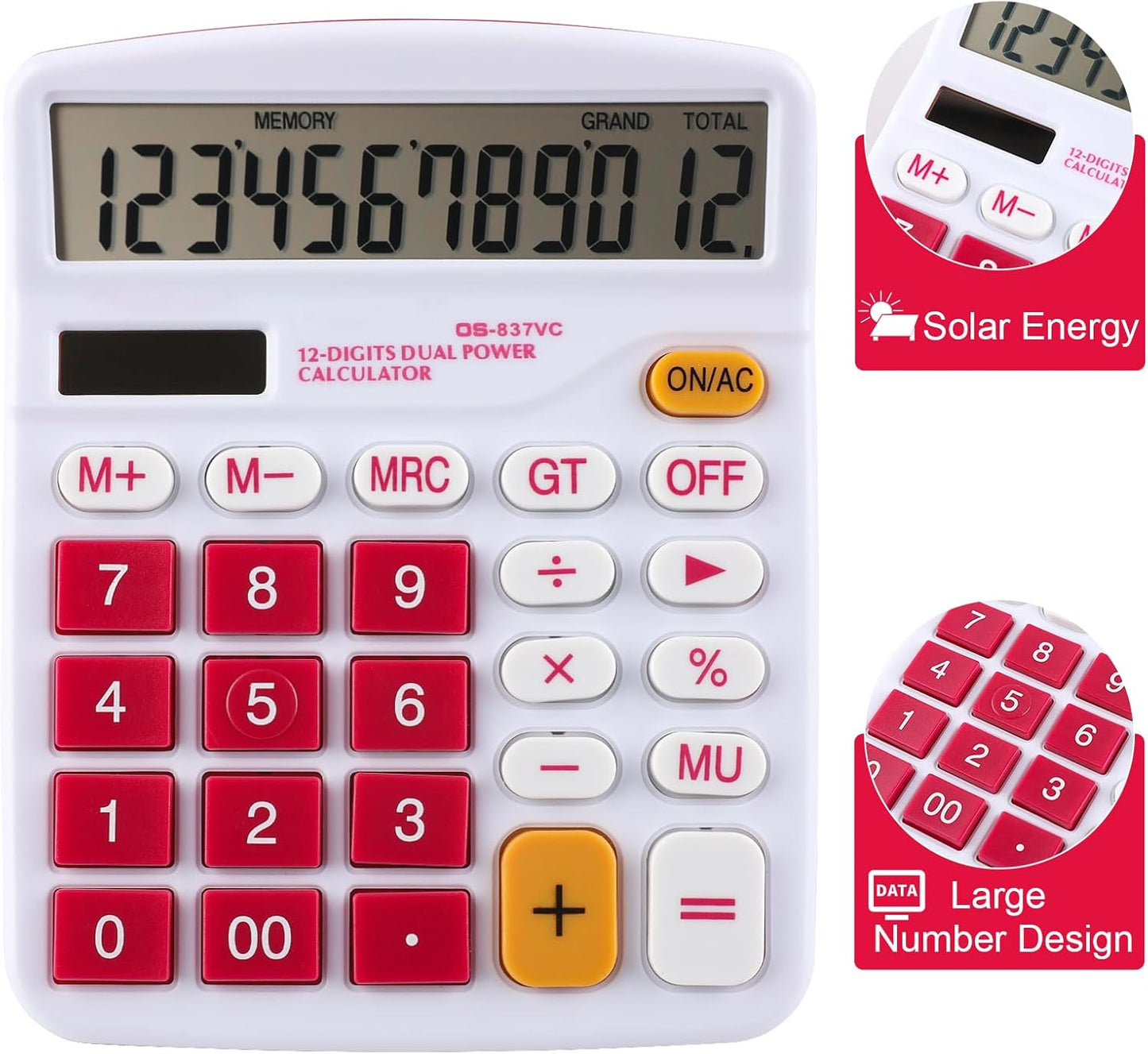 Desktop Calculator Solar Battery Dual Power 12 Digit Large LCD Display Financial Dedicated Large Standard Function Desktop Business Calculator for Office/Home/School KA08 Red