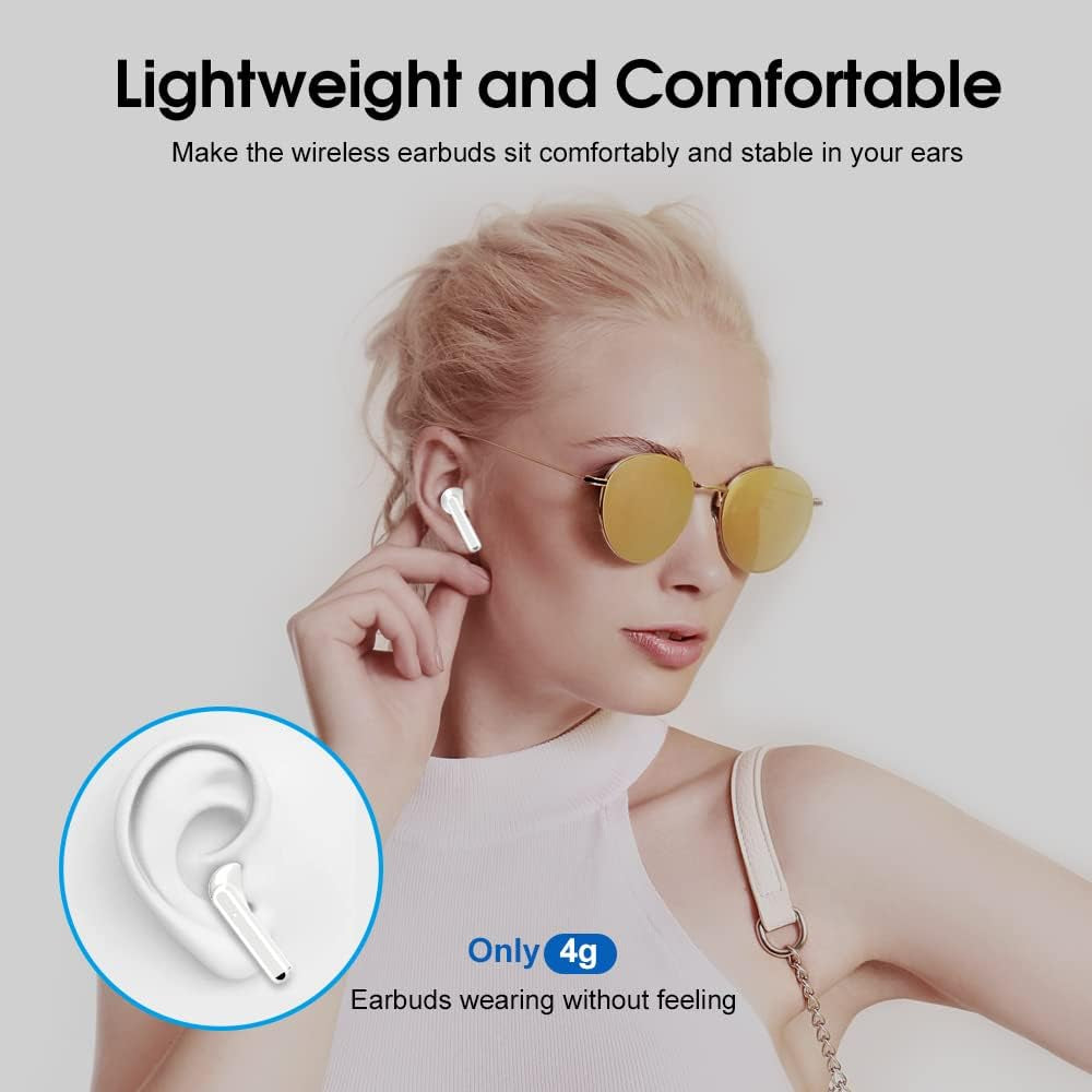 Wireless Earbuds, Bluetooth 5.3 Headphones with 4-Mics ENC Clear Call, Bluetooth Earbuds Touch Control 25Hour Stereo Sound with LED Power Display, Waterproof Earphones Sprot for Workout White