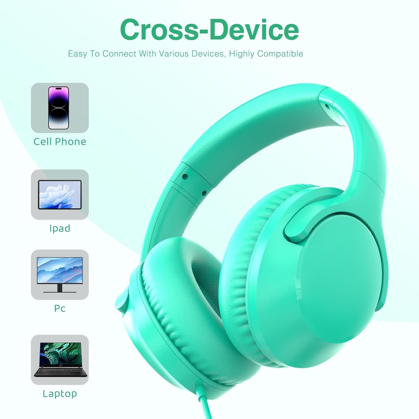 Wired Headphones Over-Ear Hi-Fi Sound with Microphone Adjustable Foldable, 1.5M Cord & 3.5Mm Jack, Lightweight Headset for Kids Adults PC Ipad Laptop Green