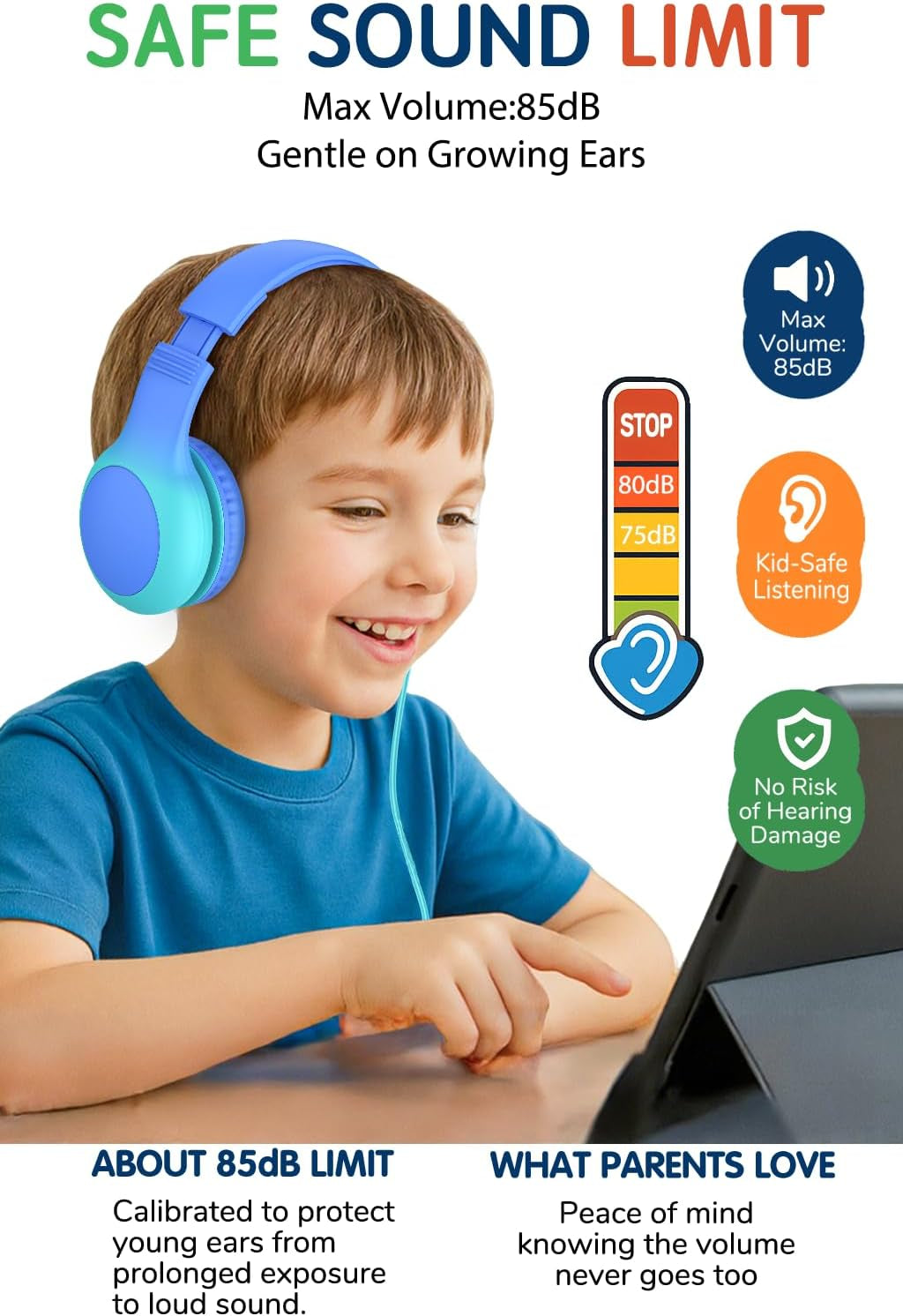 Wired Kids Headphones with USB C Plug, 85Db Volume Limiting Safe Hearing Protection, Adjustable Headband, Tangle-Free Cord Headphones for School, Tablet, Travel(Gradient Purple)