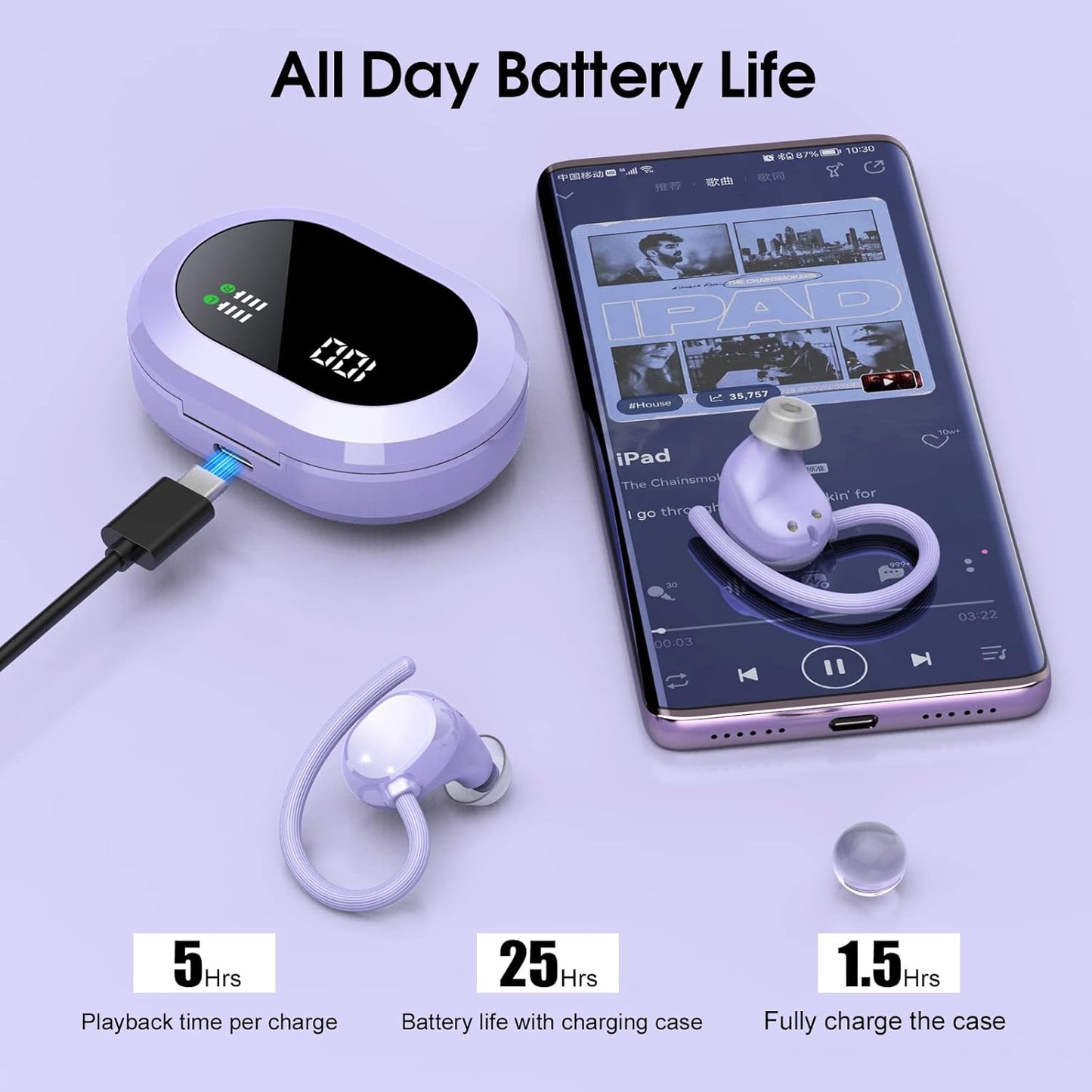 Wireless Earbuds, 2023 New Ultralight Sport Bluetooth 5.3 Headphones in Ear with LED Display, Built-In Mic Earphones, IPX7 Waterproof Wireless Headphones with Earhooks for Gym Workout (Purple)