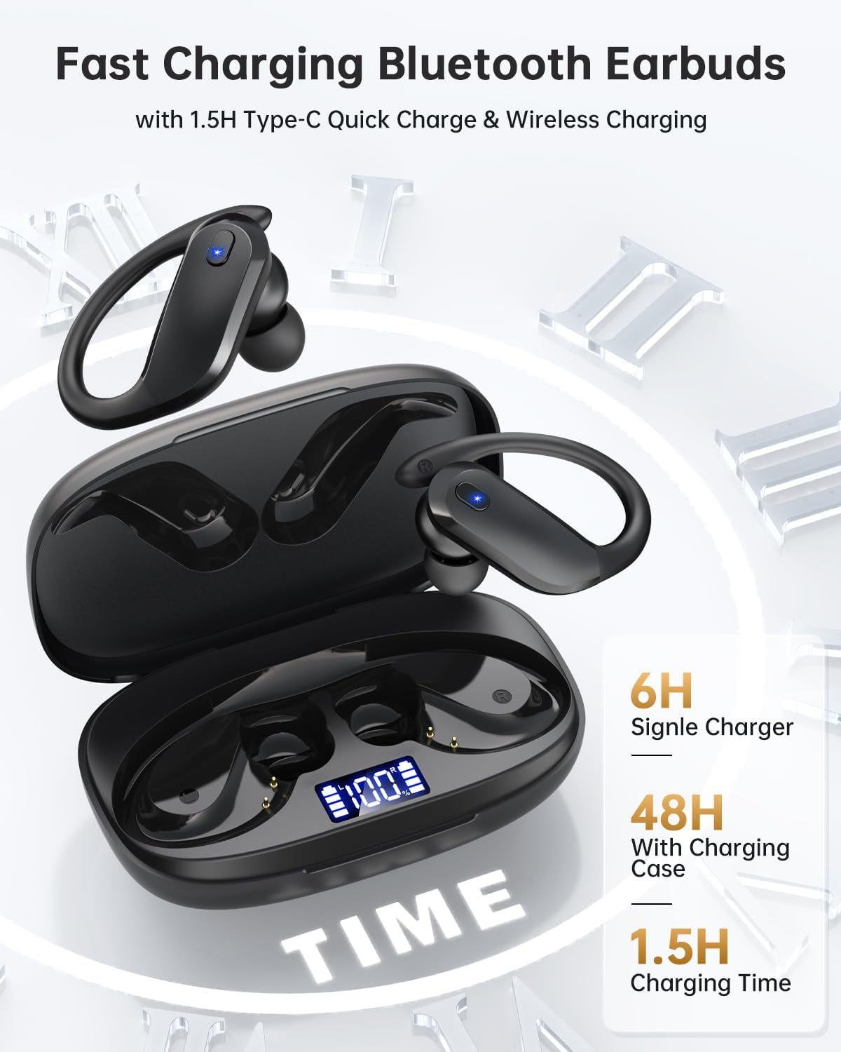 Wireless Earbuds Bluetooth 5.3 Headphones Sport,Ipx7 Waterproof Sports Earphones with Earhooks,48H Playtime,Lightweight 7.8G,Fast Charging Case,Noise Cancelling Mic for Running Gym Workout-Black