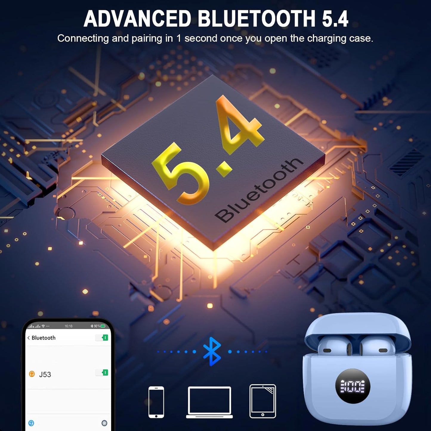 Wireless Earbuds, Bluetooth 5.4 Headphones Hifi Stereo, in Ear Earphones with 4 ENC Noise Cancelling Mics, 40H Playback Ear Buds with LED Display, Mini Case, IP7 Waterproof Headset with USB C Charging