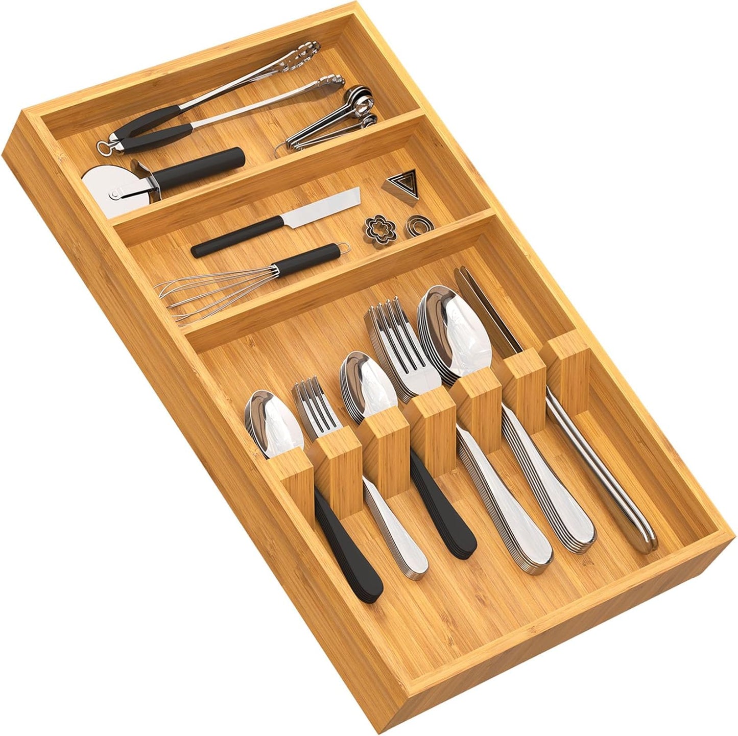 Pure Bamboo Silverware Drawer Organizer: 16.53" Lx10 Wx1.93 H Large Silverware Utensil Tray Holder, 3-Compartment with 6 Card Slots Kitchen Flatware Organizer for Spoons Forks Knives