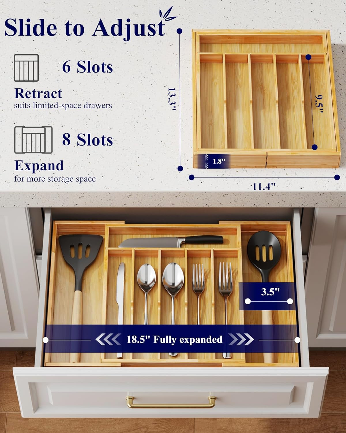 Large Thickened Silverware Organizer - Expandable Bamboo Kitchen Drawer Organizer for Cooking Utensils and Cutlery, Sturdy Kitchen Organizers and Storage Solution, 18.5"×13.3"×1.8"