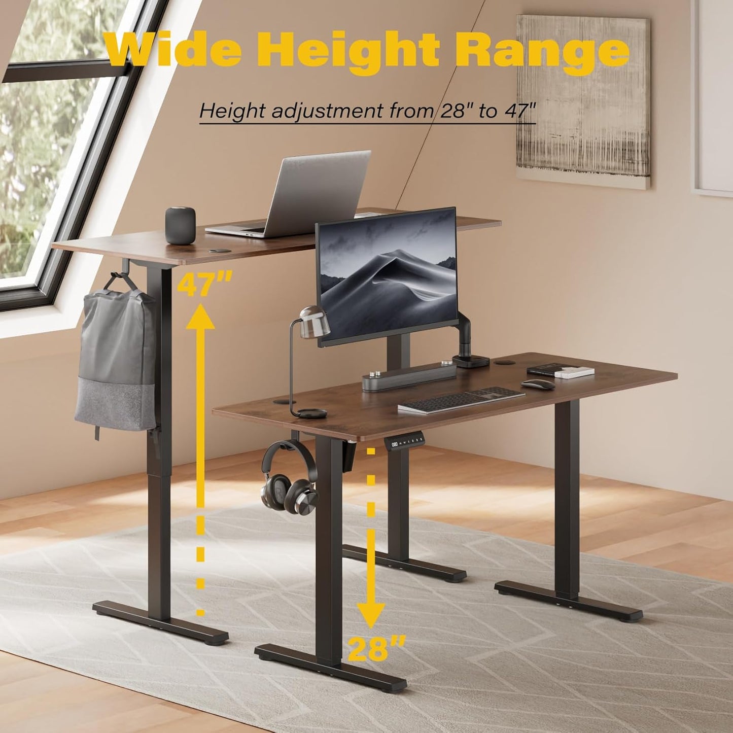 Height Adjustable Electric Standing Desk, 55 X 24 Inches Ergonomic Stand up Table, Sit Stand Home Office Desk with Splice Board, Black Frame/Rustic Brown Top(Rustic Brown, 55 Inches)