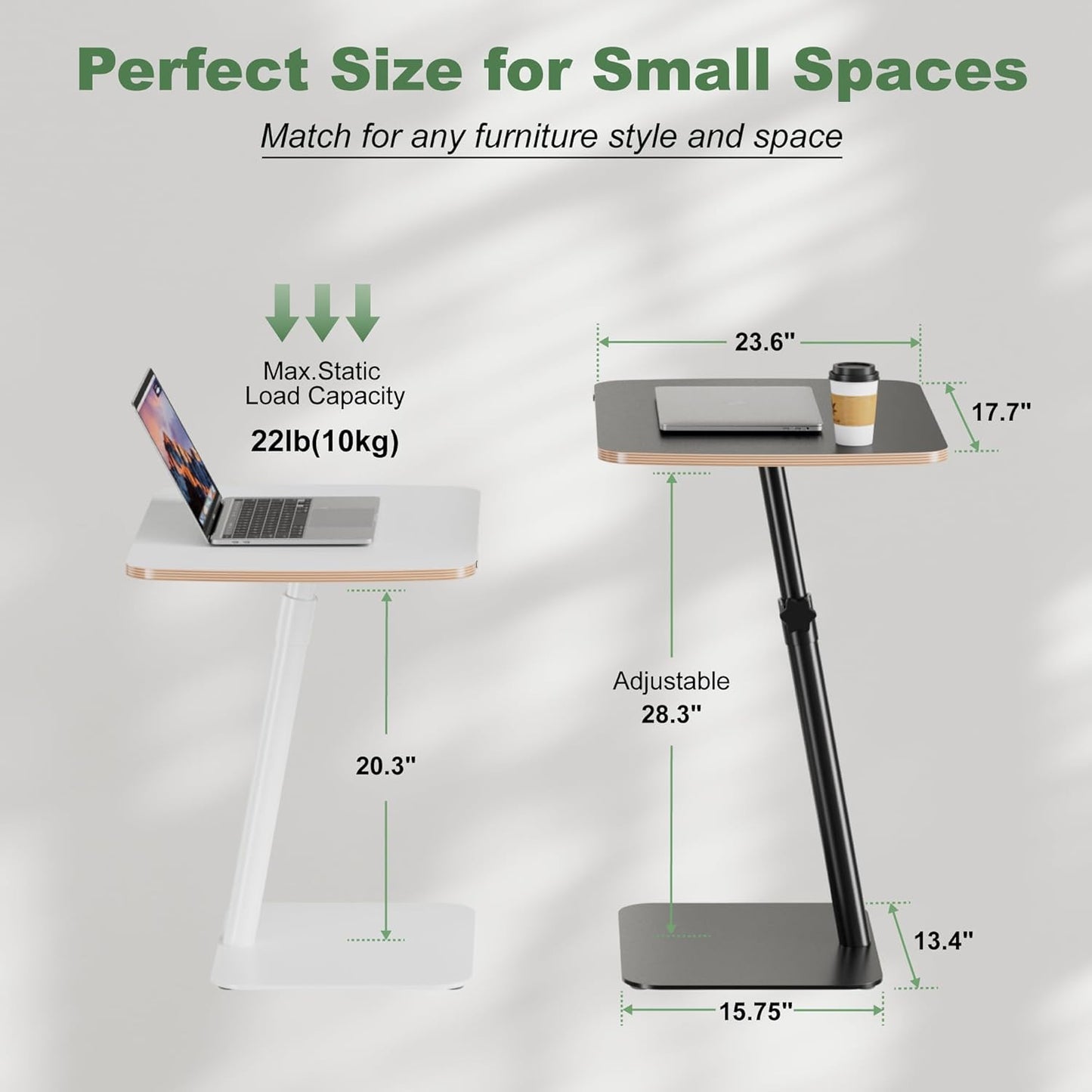 Height Adjustable End Table - Small Couch Side Table for Small Spaces Modern C Shaped Bedside End Table That Slide Under, White Wood Laptop TV Tray Table with Metal Base, Living Room Bathroom Home Use