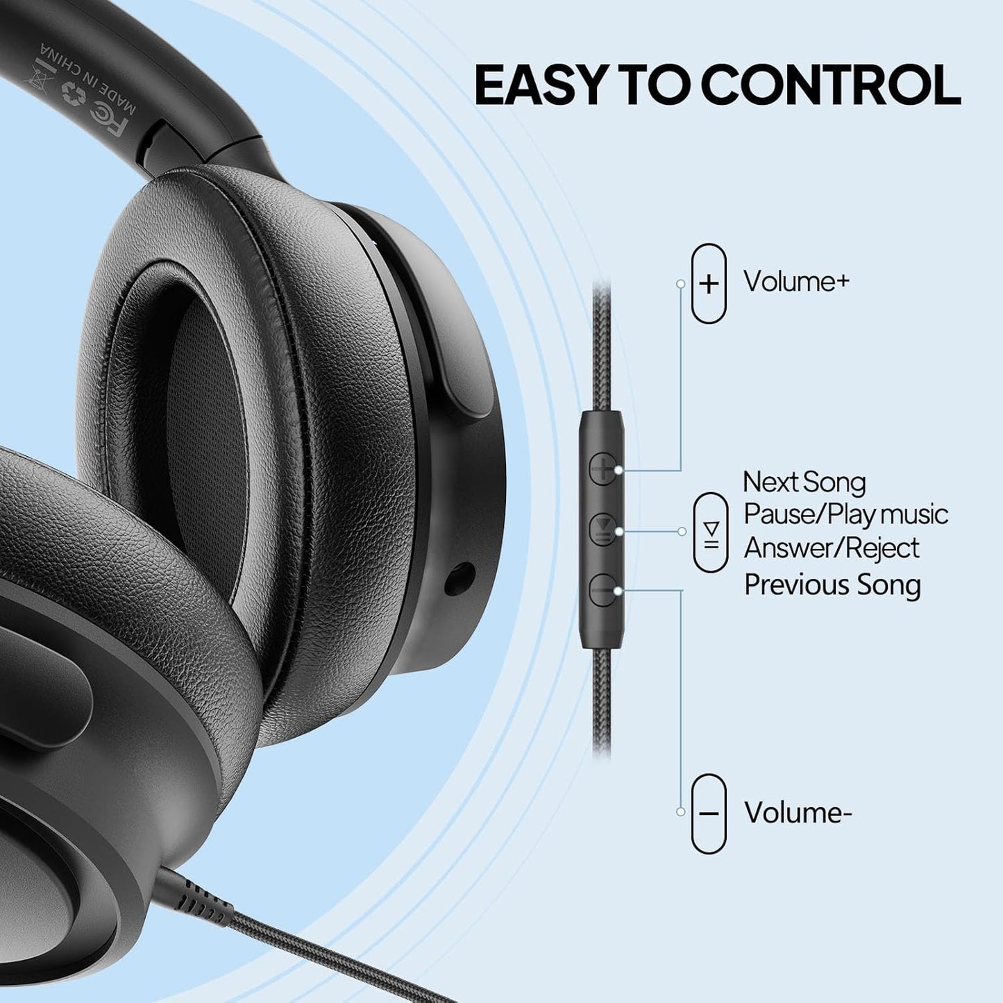 Wired Over-Ear Headphones with USB C Connector, Hi-Fi Stereo Sound, Noise-Isolating Ear Cups, Comfortable Fit for USB C Devices (No Bag, Black)