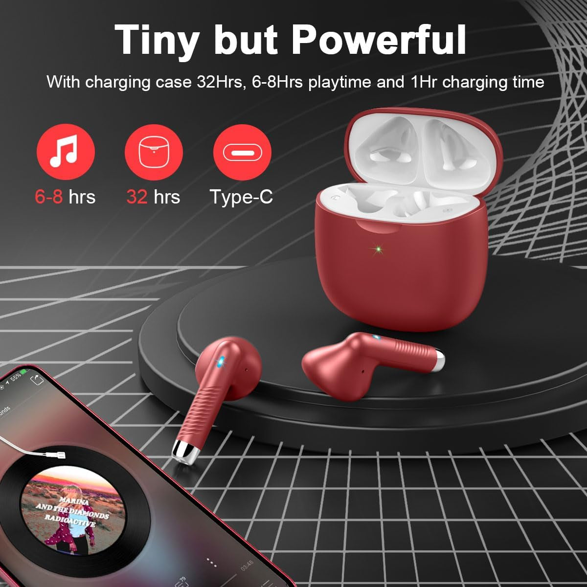 Wireless Earbuds, Bluetooth 5.3 Headphones in Ear with Noise Cancelling Mic, Bluetooth Earbuds Stereo Bass, IP7 Waterproof Sports Earphones, 32H Playtime USB C Charging Ear Buds Red for Android Ios