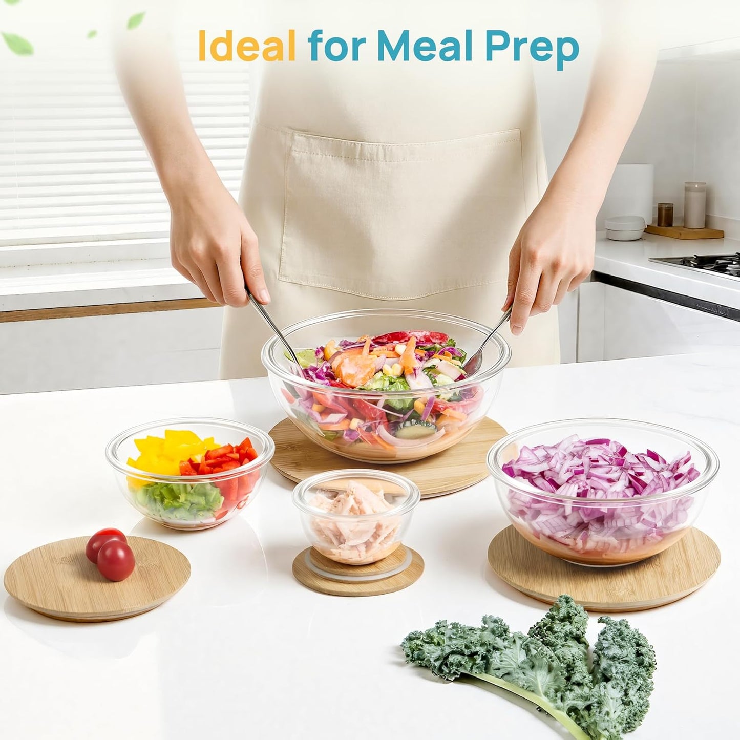 5 Pack Glass Mixing Bowls with Bamboo Lids Set (3.75/2.1/1.1/0.5/0.2 QT), Salad Bowl Set, Nesting Kitchen Bowls for Serving, Prepping, Cooking and Baking, Dishwasher & Microwavable Safe