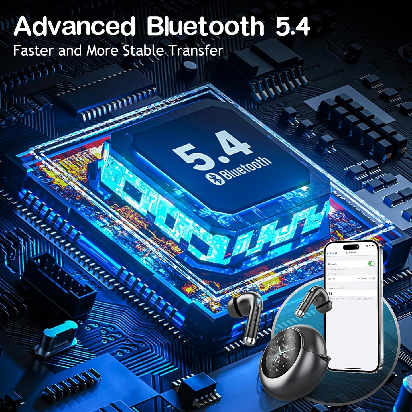 Wireless Earbuds Bluetooth Headphones, Bluetooth 5.4 Stereo Sound with LED Display, Active Noise Cancellation, IP7 Water Resistant In-Ear Earphones for Sporting, Workout, Running Black