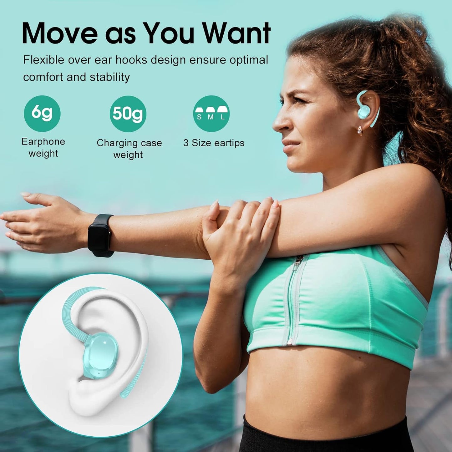 Wireless Earbuds, 2023 New Ultralight Sport Bluetooth 5.3 Headphones in Ear with LED Display, Built-In Mic Earphones, IPX7 Waterproof Wireless Headphones with Earhooks for Gym Workout (Blue)