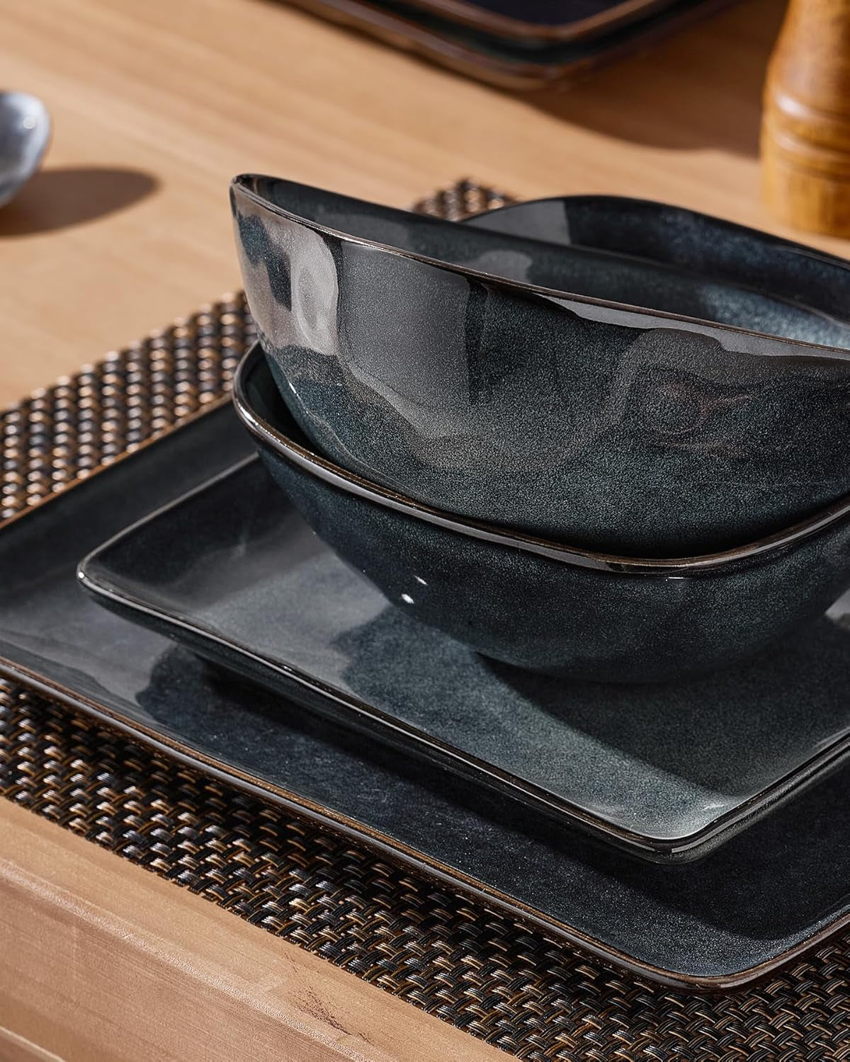 Dinnerware Sets for 4, Ocean Square 12-Piece Kitchen Plates and Bowls Sets, Reactive Glaze, Microwave and Dishwasher Safe, Scratch Resistant, Deep Forest