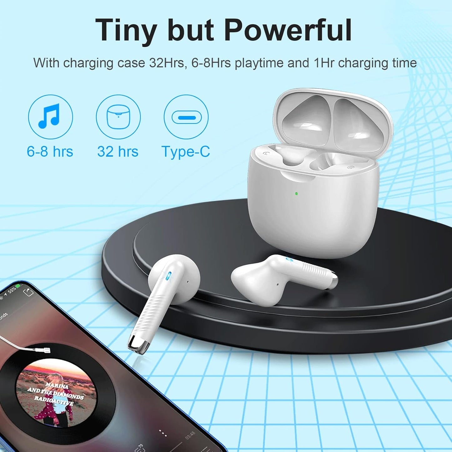 Wireless Earbuds, Bluetooth 5.3 Headphones in Ear with Noise Cancelling Mic, Earbuds Stereo Bass, IP7 Waterproof Sports Earphones, 32H Playtime USB C Charging Buds White for Android Ios