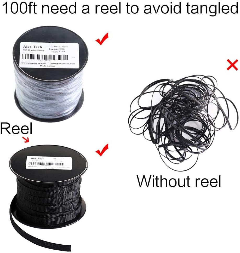 100Ft - 1/4 Inch PET Expandable Braided Sleeving – Black – Braided Cable Sleeve