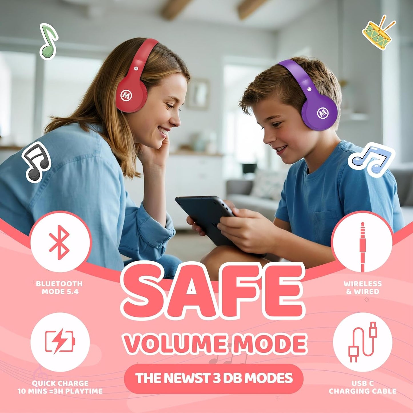 Headphones Kids Bluetooth 5.4 Wireless Play Time 68H Safe Volume Limit 85/94Db Over-Ear Foldable Headset,Fast Charging,With Aux Cord Built-In Mic for Toddler Child Pad Study Tablet Red