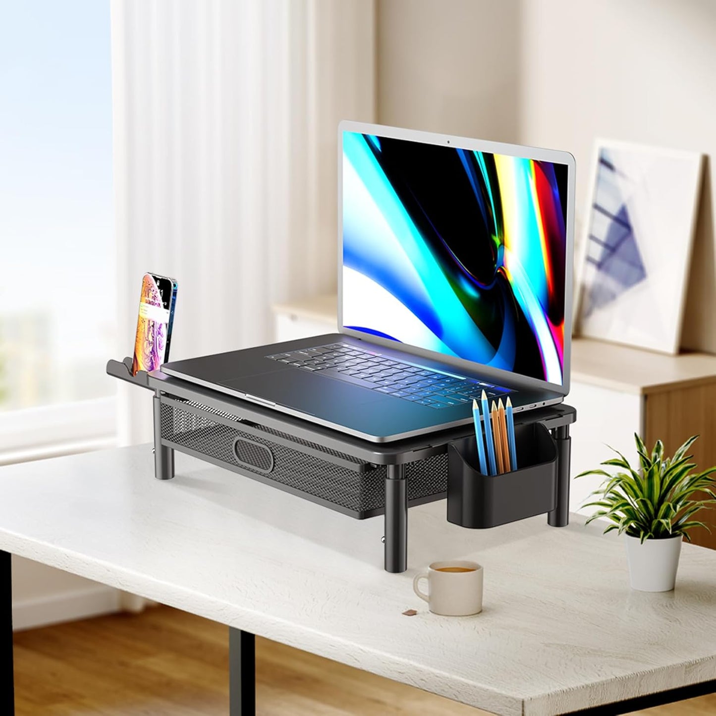 Computer Stand for Desktop Monitor, Monitor Stand with Drawer and Storage Compartment for Computer, Metal Monitor Riser Desk Organizer for Office & Home