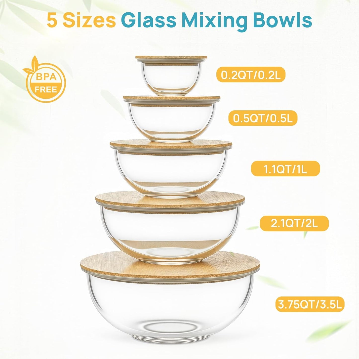 5 Pack Glass Mixing Bowls with Bamboo Lids Set (3.75/2.1/1.1/0.5/0.2 QT), Salad Bowl Set, Nesting Kitchen Bowls for Serving, Prepping, Cooking and Baking, Dishwasher & Microwavable Safe