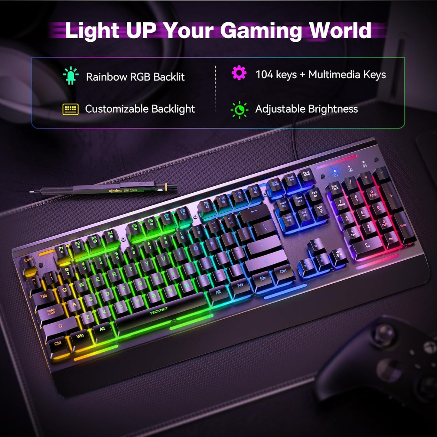 Gaming Keyboard, USB Wired Computer Keyboard, 15-Zone RGB Illumination, IP32 Water Resistance, 25 Anti-Ghosting Keys, All-Metal Panel (Whisper Quiet Gaming Switch)